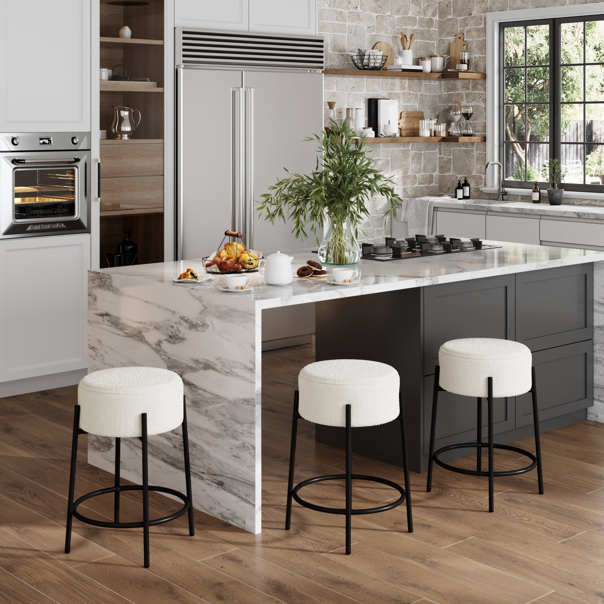 Round Boucle Backless Counter Height Bar Stools (Set of 3)