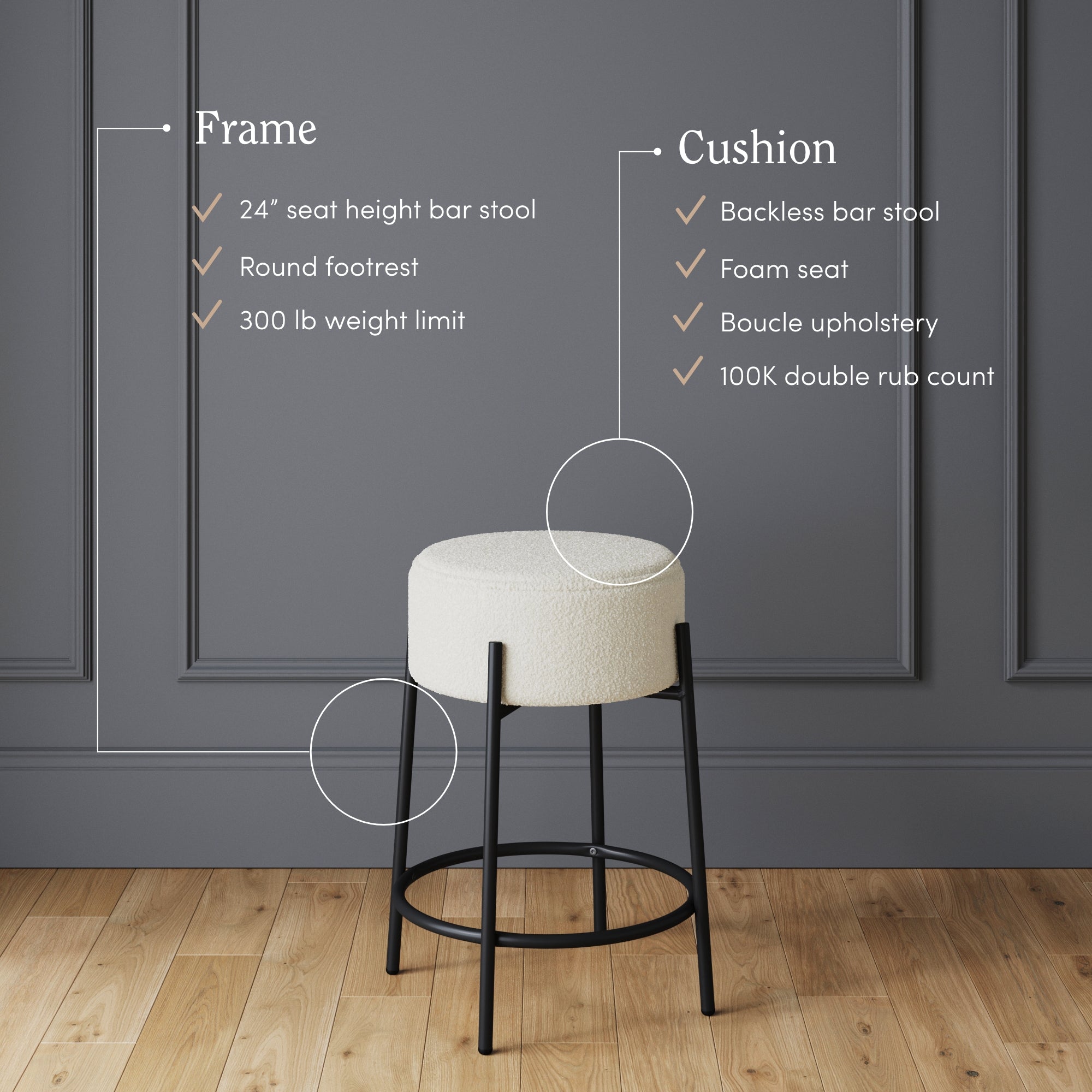 Round Boucle Backless Counter Height Bar Stools (Set of 2)