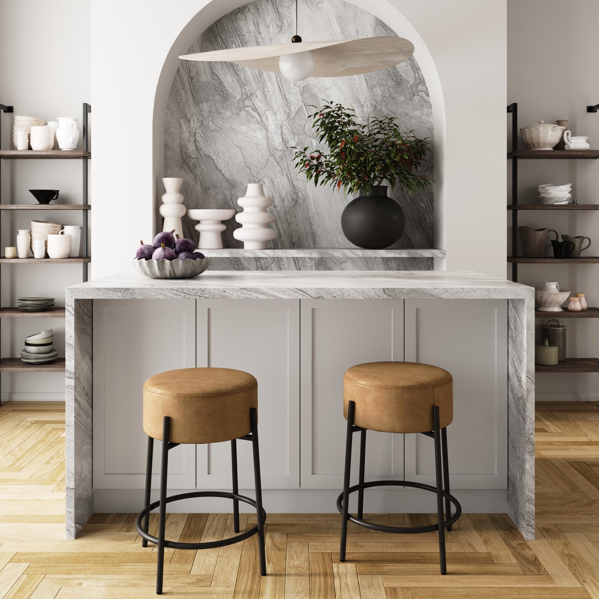 Round Faux Leather Backless Counter Height Bar Stools Brown (Set of 2)