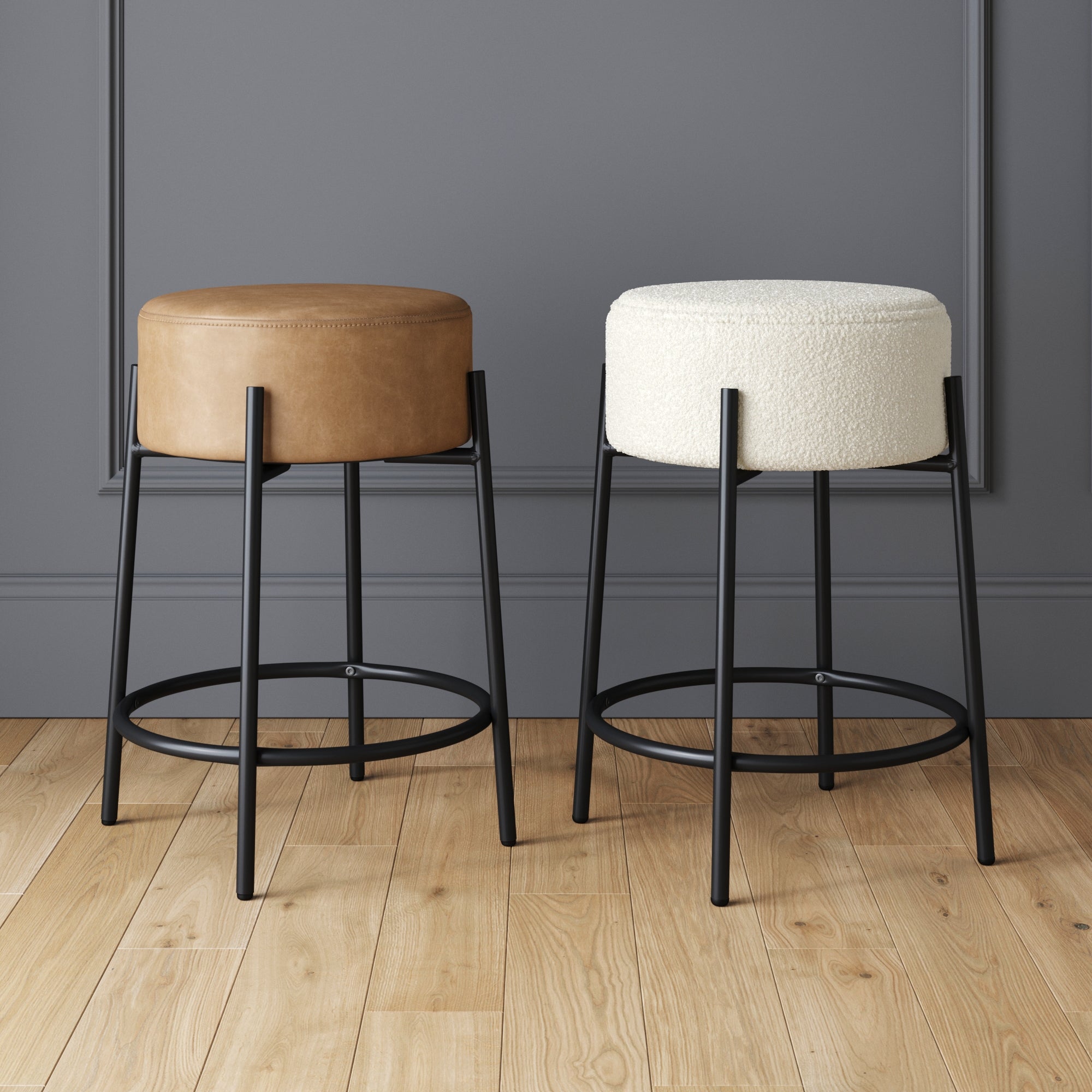 Round Boucle Backless Counter Height Bar Stools (Set of 2)