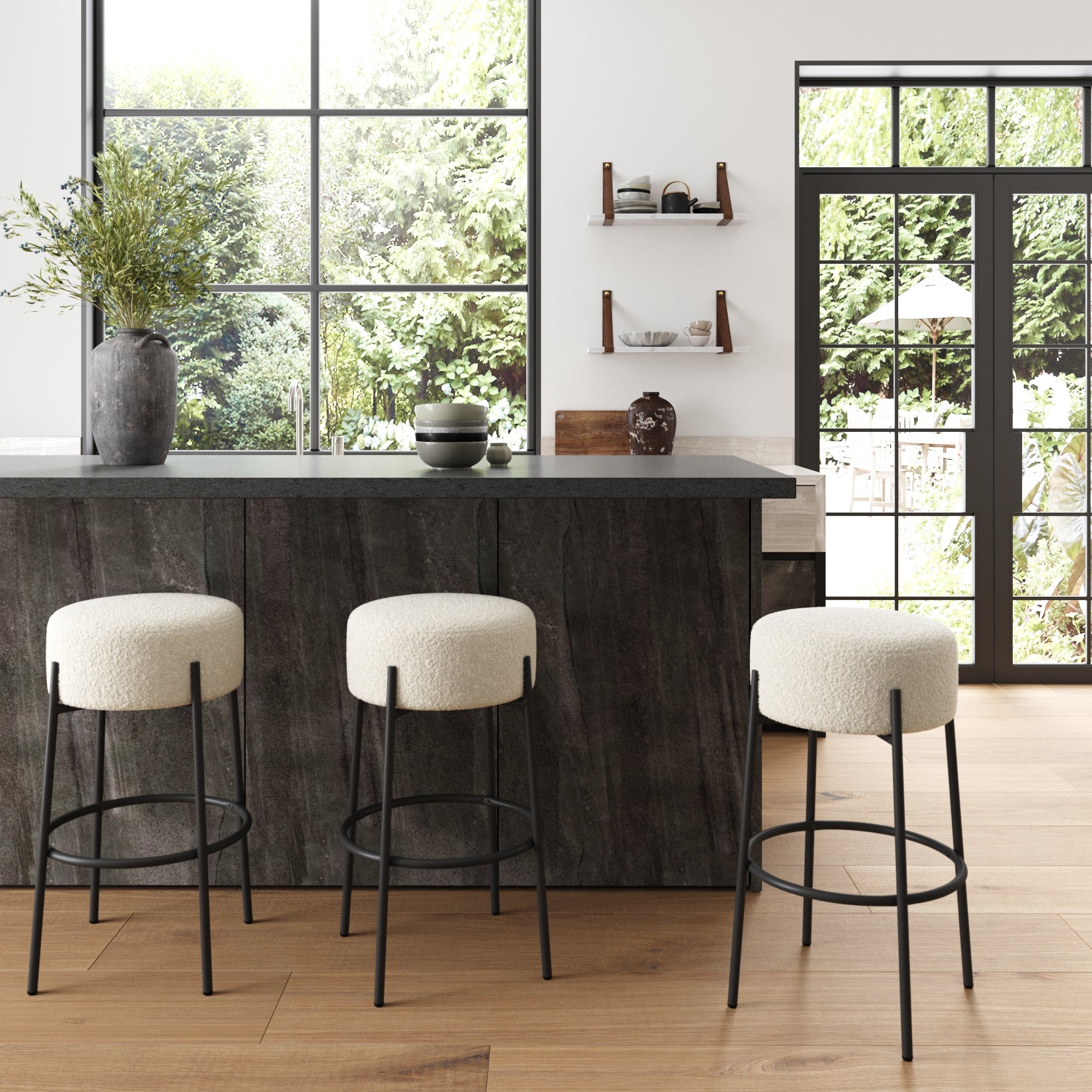 Round White Boucle Backless Bar Height Stool