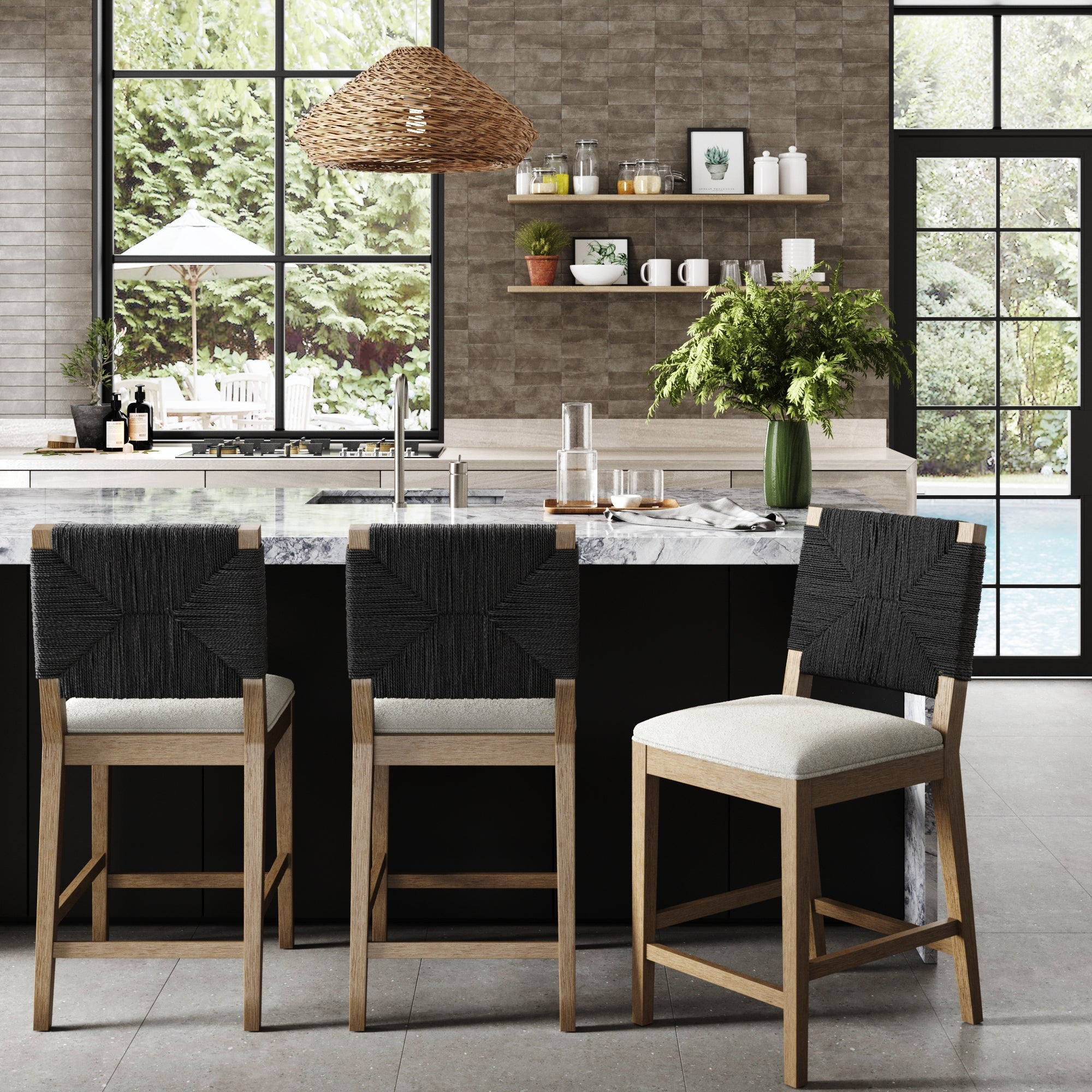 Boucle & Seagrass Counter Height Bar Stools Black (Set of 2)