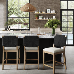 Boucle & Seagrass Counter Height Bar Stools Black (Set of 2)