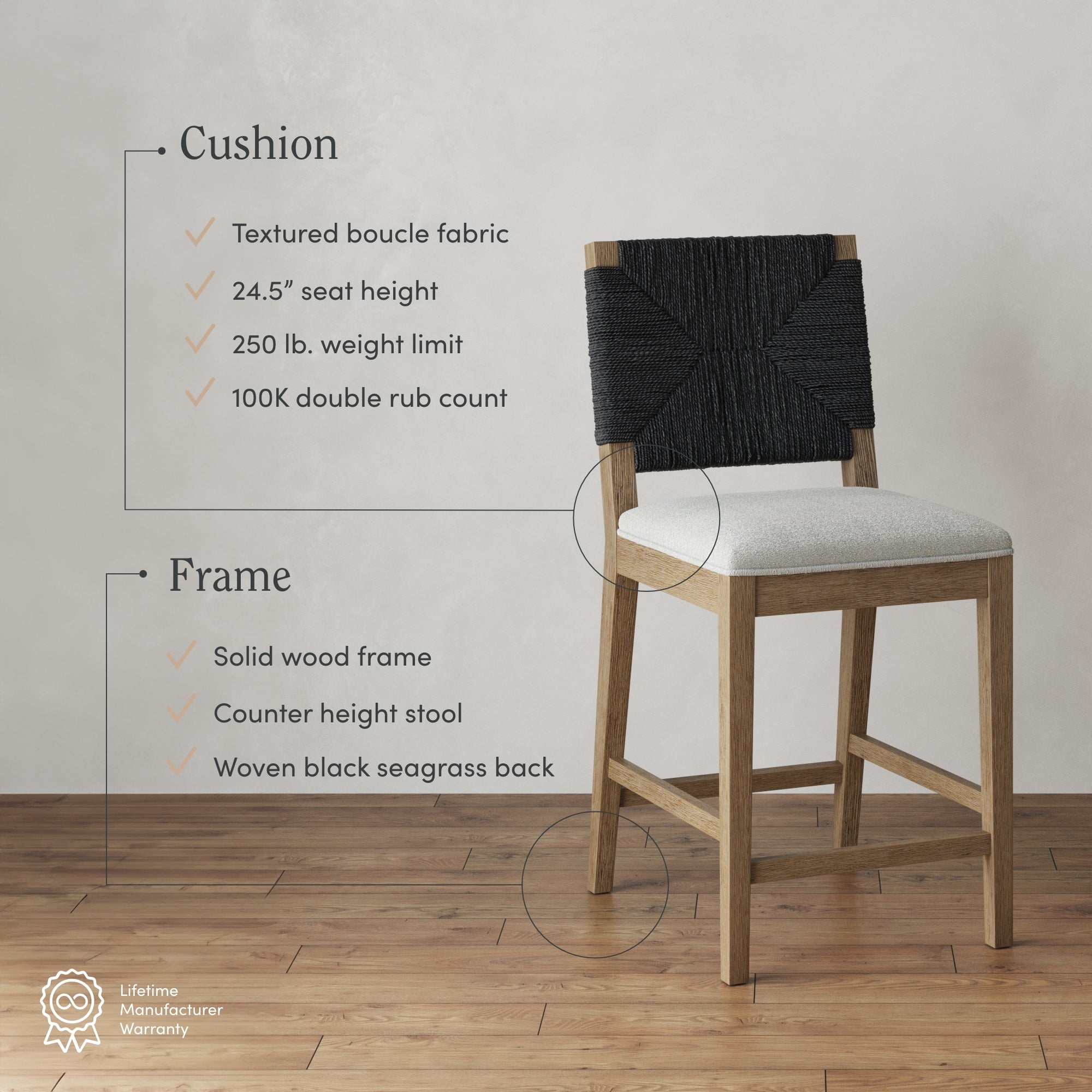 Boucle & Seagrass Boho Counter Height Bar Stool Black