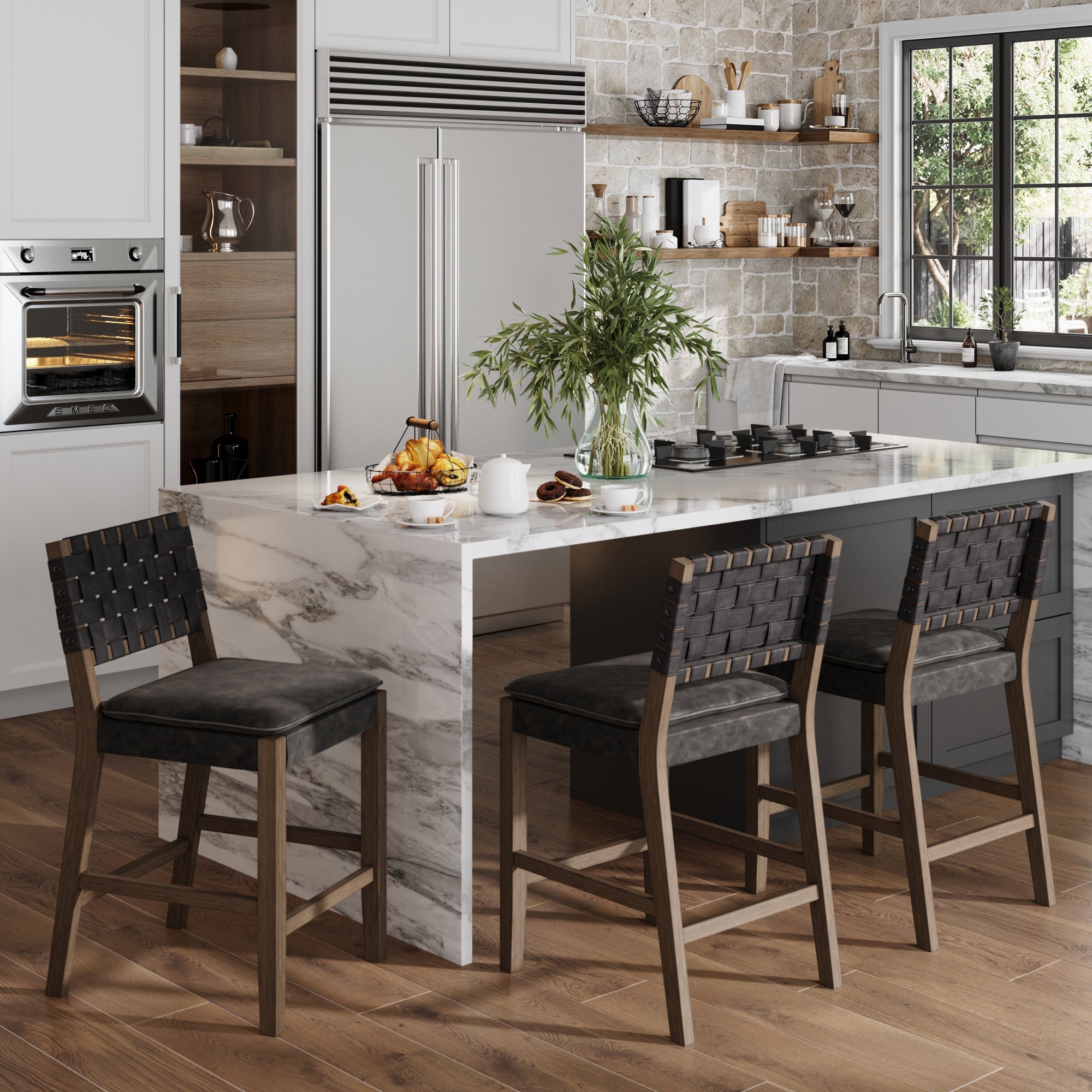 Faux Suede Woven Counter Height Bar Stools Black (Set of 3)