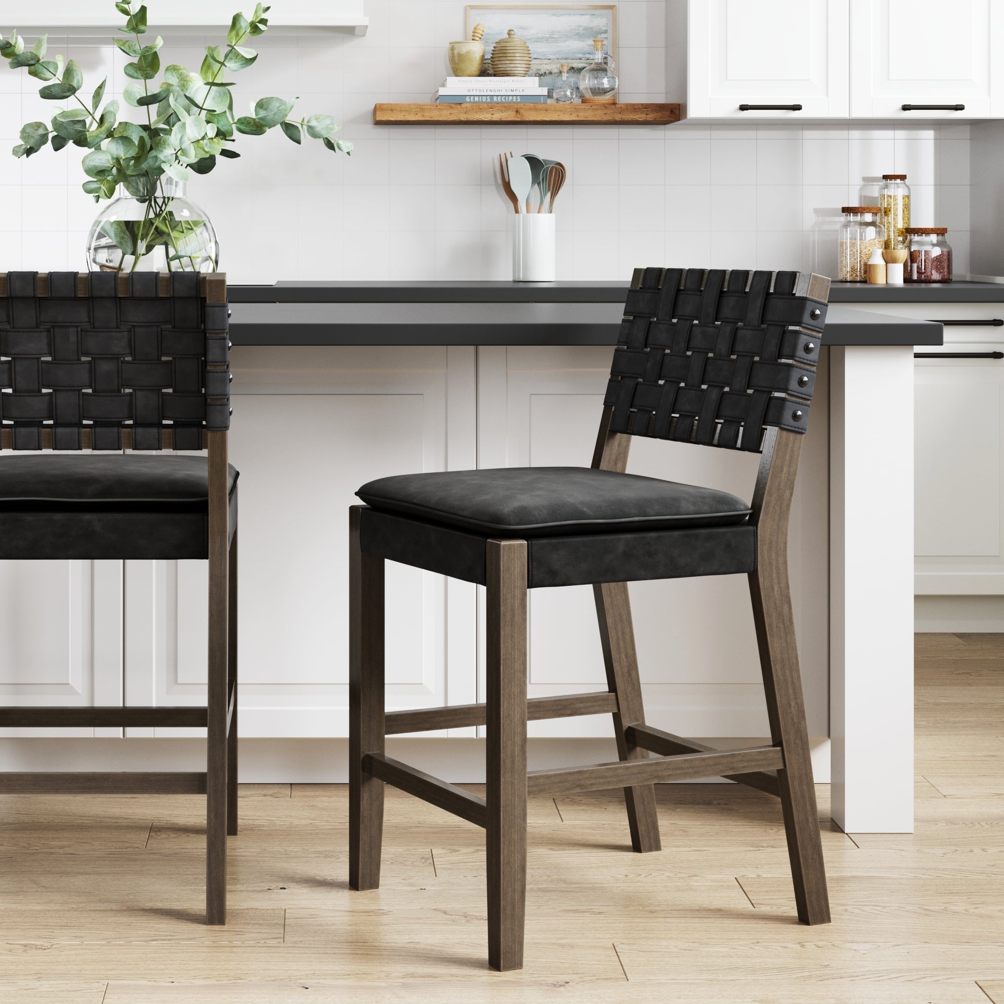 Faux Suede Woven Counter Height Bar Stool Black