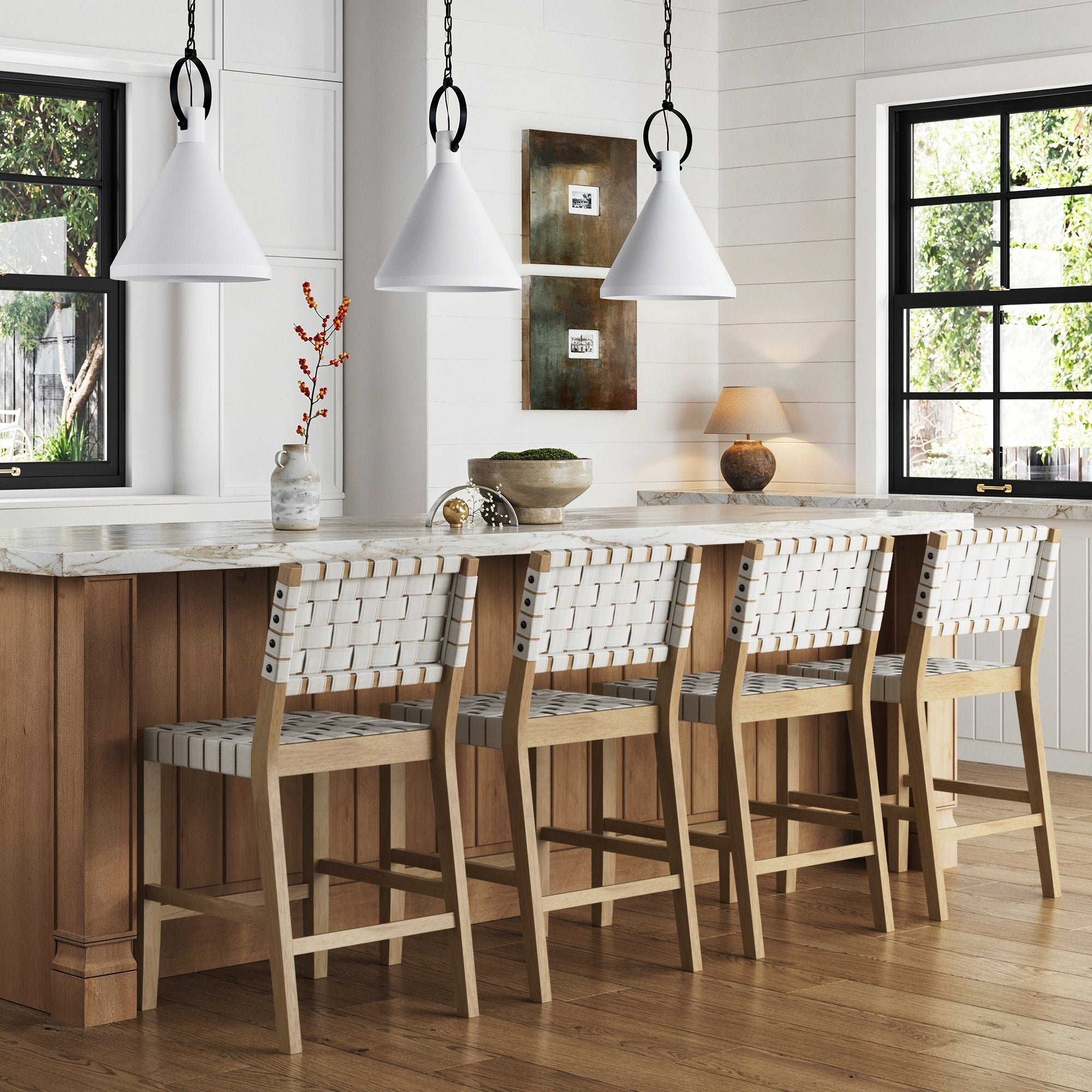 Faux Leather Woven Counter Height Bar Stools White (Set of 4)
