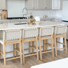 Faux Leather Woven Counter Height Bar Stools White (Set of 3)