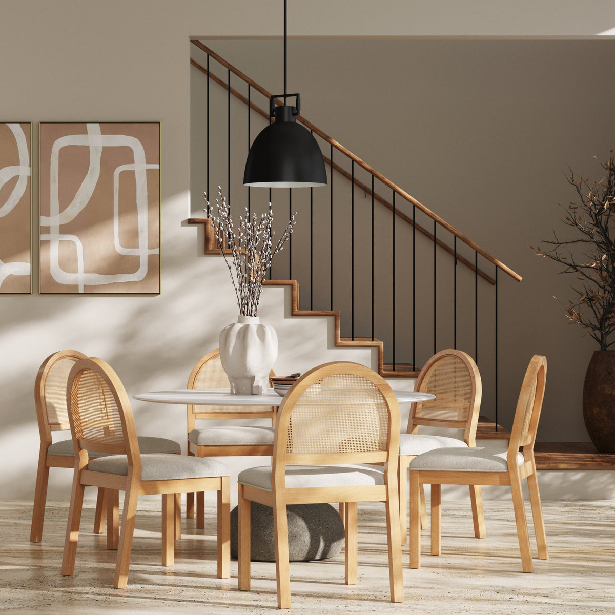 Boucle & Rattan Dining Chairs Warm Pine (Set of 6)