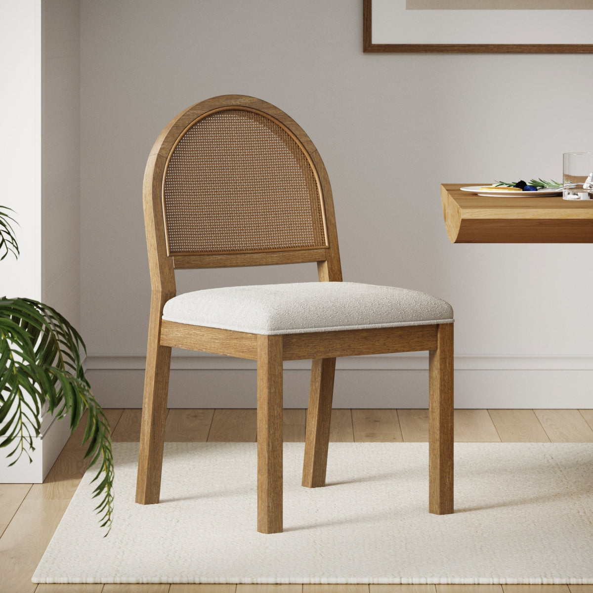 Boucle & Rattan Dining Chair Light Brown