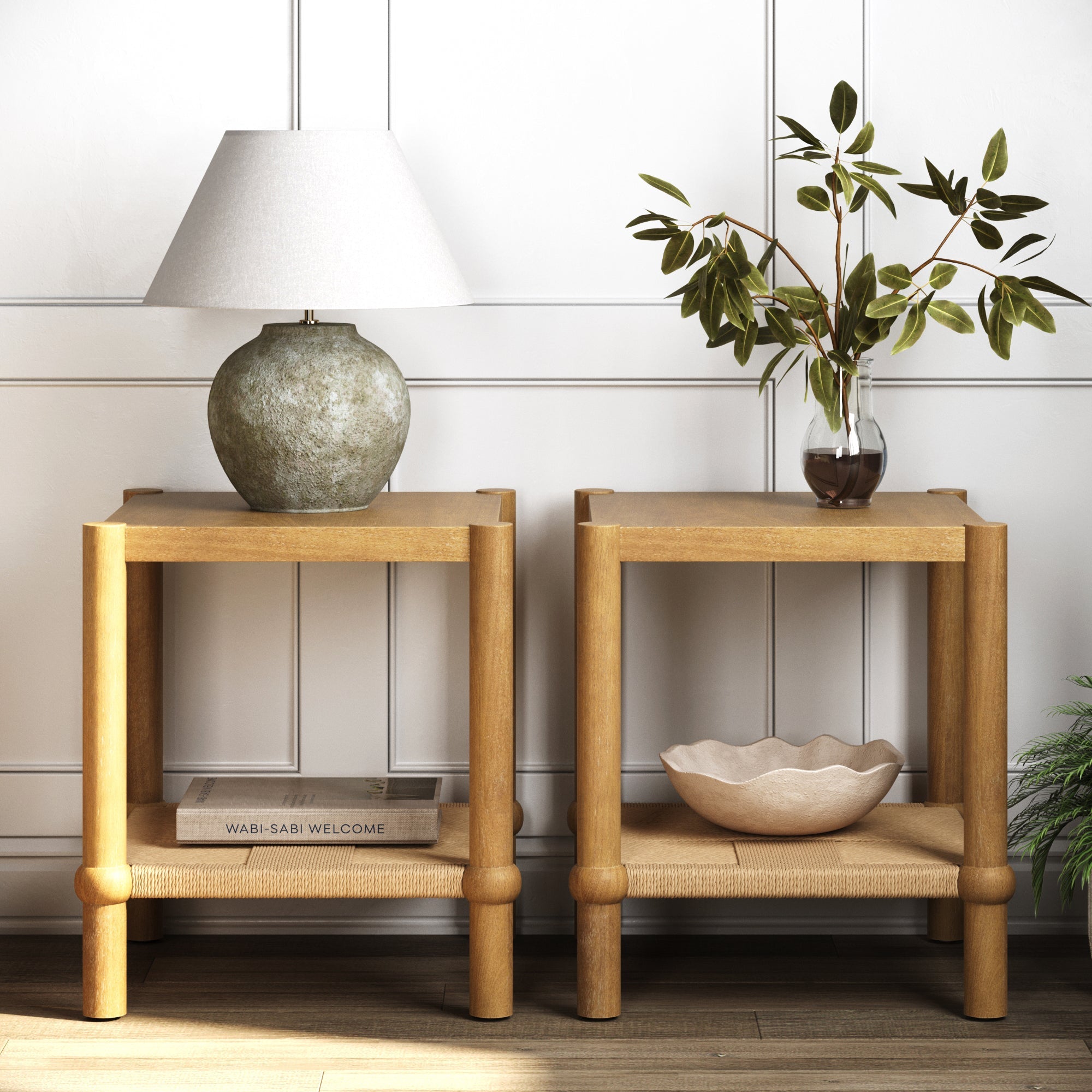 Coastal Wood & Seagrass 2-Tier Side Table Light Brown (Set of 2)