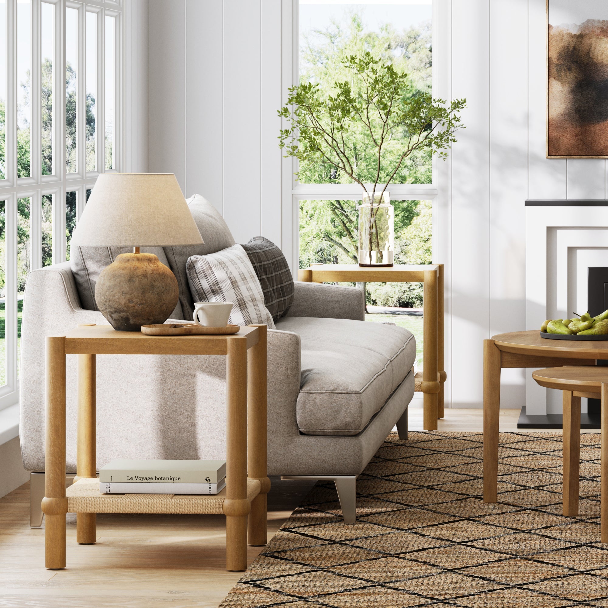 Coastal Wood & Seagrass 2-Tier Side Table Light Brown (Set of 2)