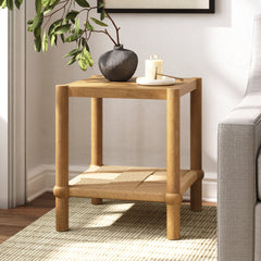 Coastal Wood & Seagrass 2-Tier Side Table Light Brown