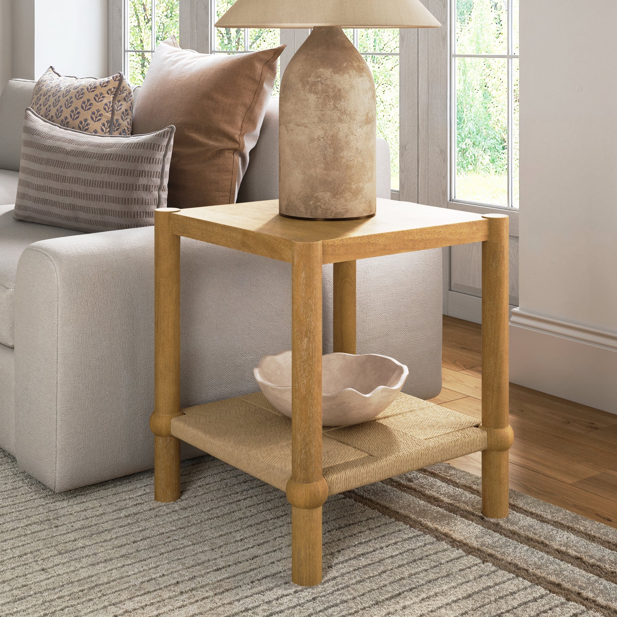 Coastal Wood & Seagrass 2-Tier Side Table Light Brown
