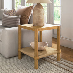 Coastal Wood & Seagrass 2-Tier Side Table Light Brown