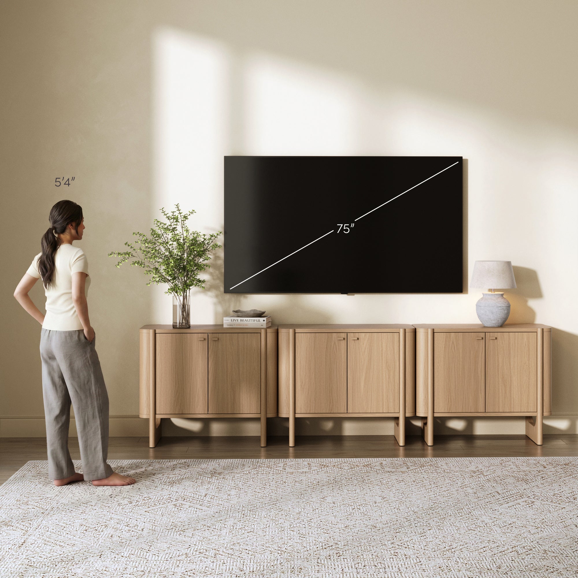 Mid-Century Modern Wood U-Shaped Leg Credenza Raw Oak (Set of 3)
