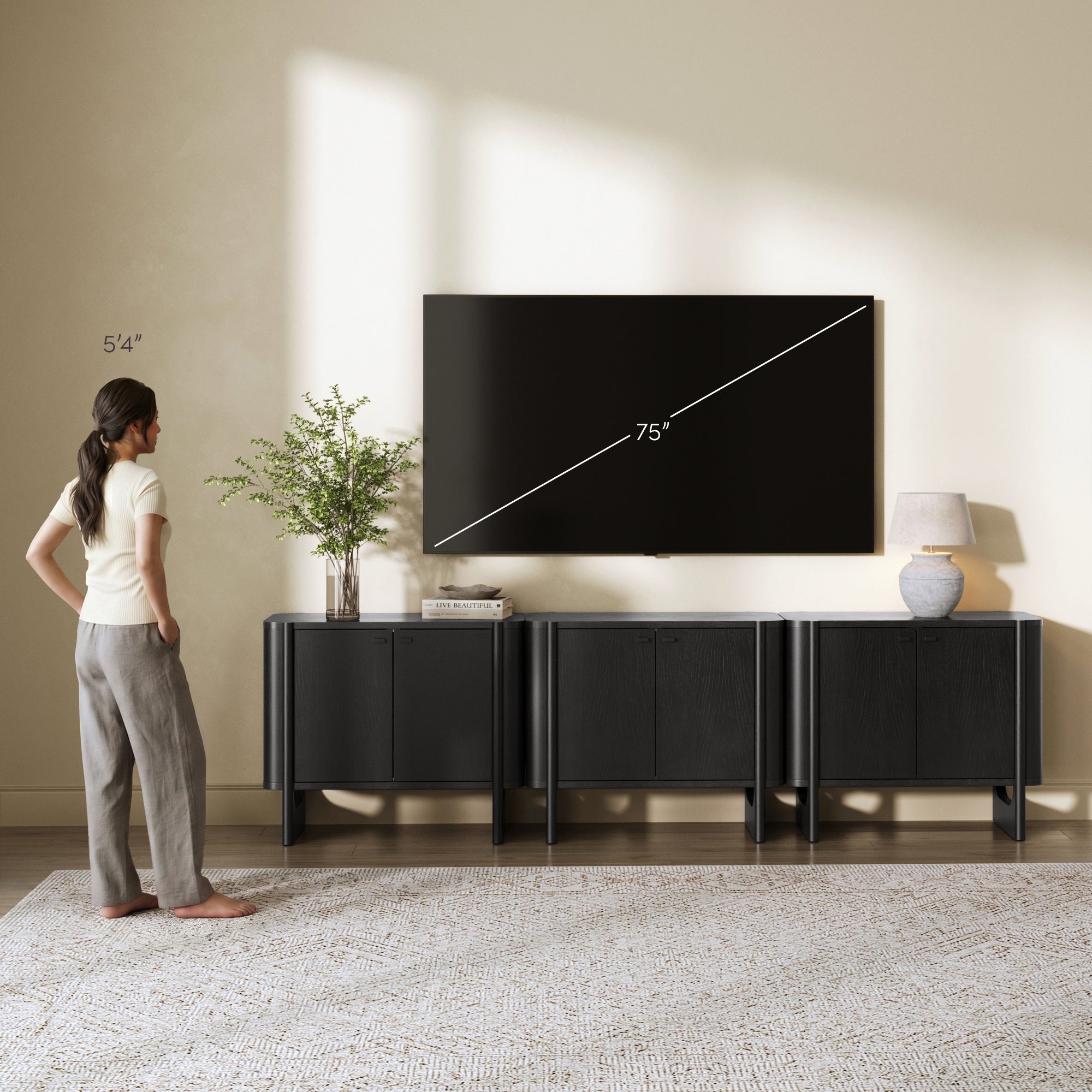Mid-Century Modern Solid Wood Accent Cabinet Credenza Black (Set of 3)
