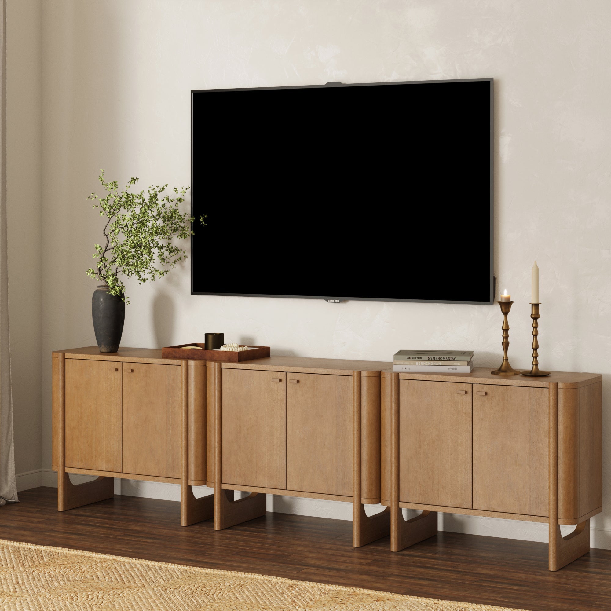 Mid-Century Modern Wood U-Shaped Leg Credenza Light Brown (Set of 3)