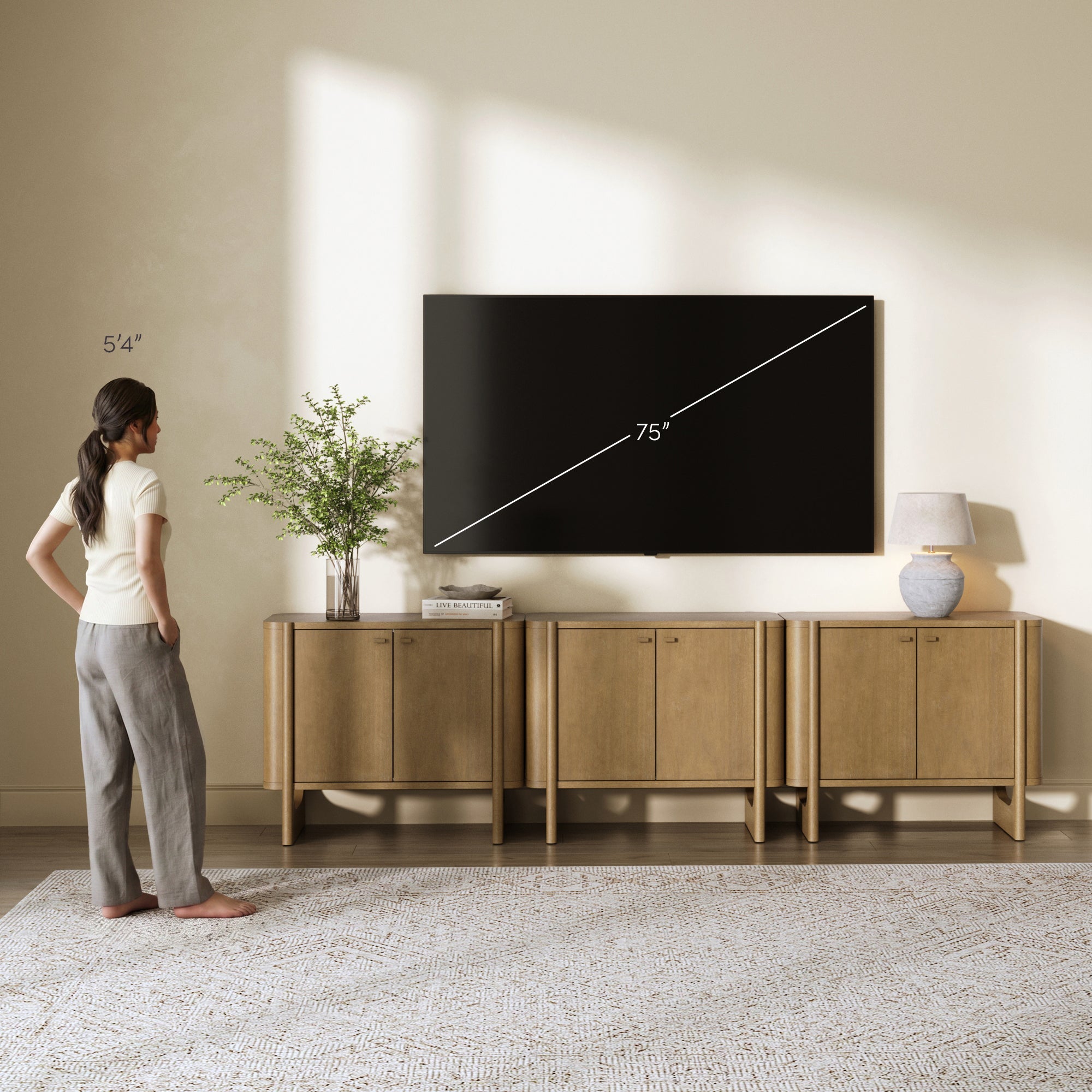 Mid-Century Modern Wood U-Shaped Leg Credenza Light Brown (Set of 3)