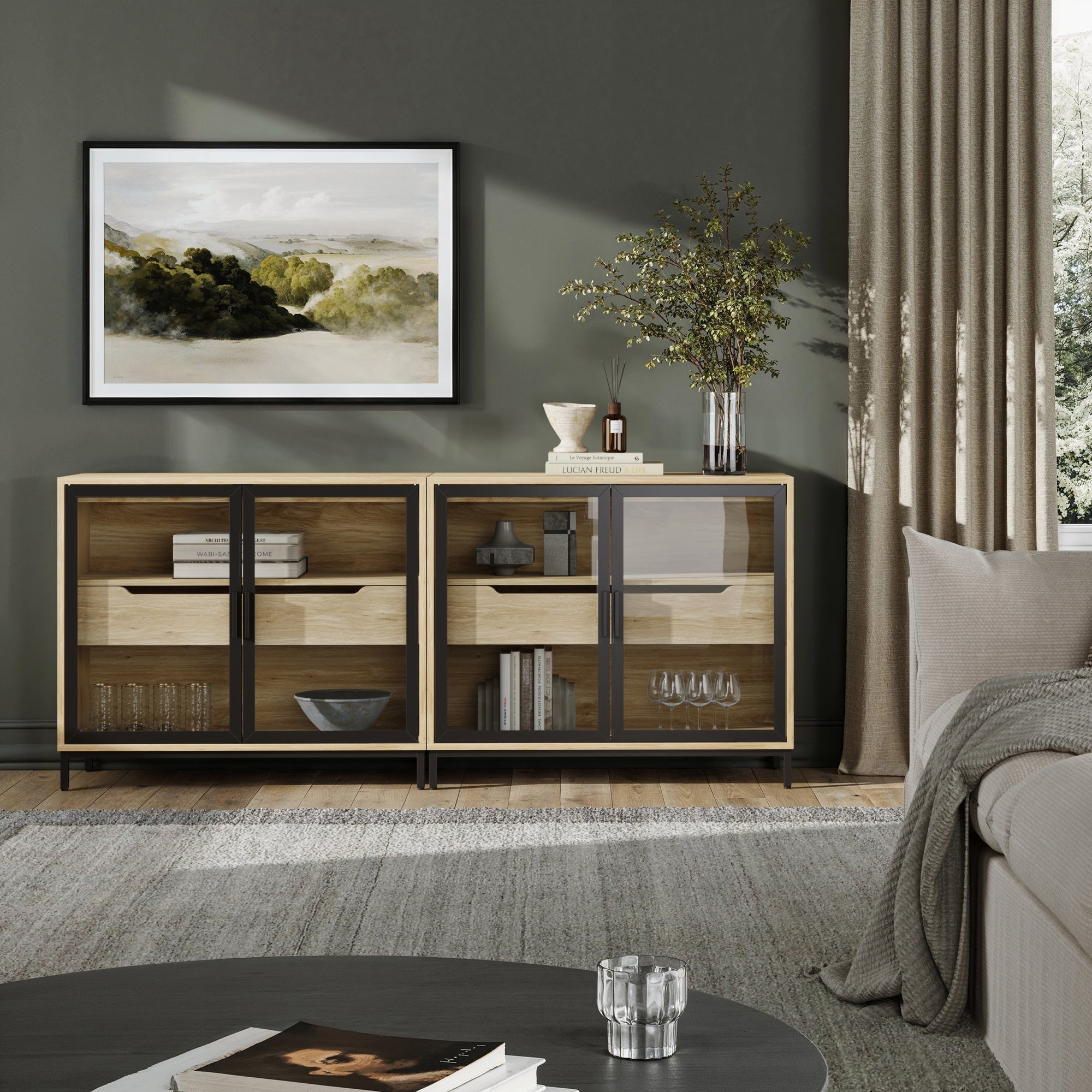 Kitchen Curio Glass Cabinet Credenza with Drawer Light Oak (Set of 2)