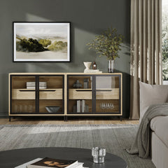 Kitchen Curio Glass Cabinet Credenza with Drawer Light Oak (Set of 2)