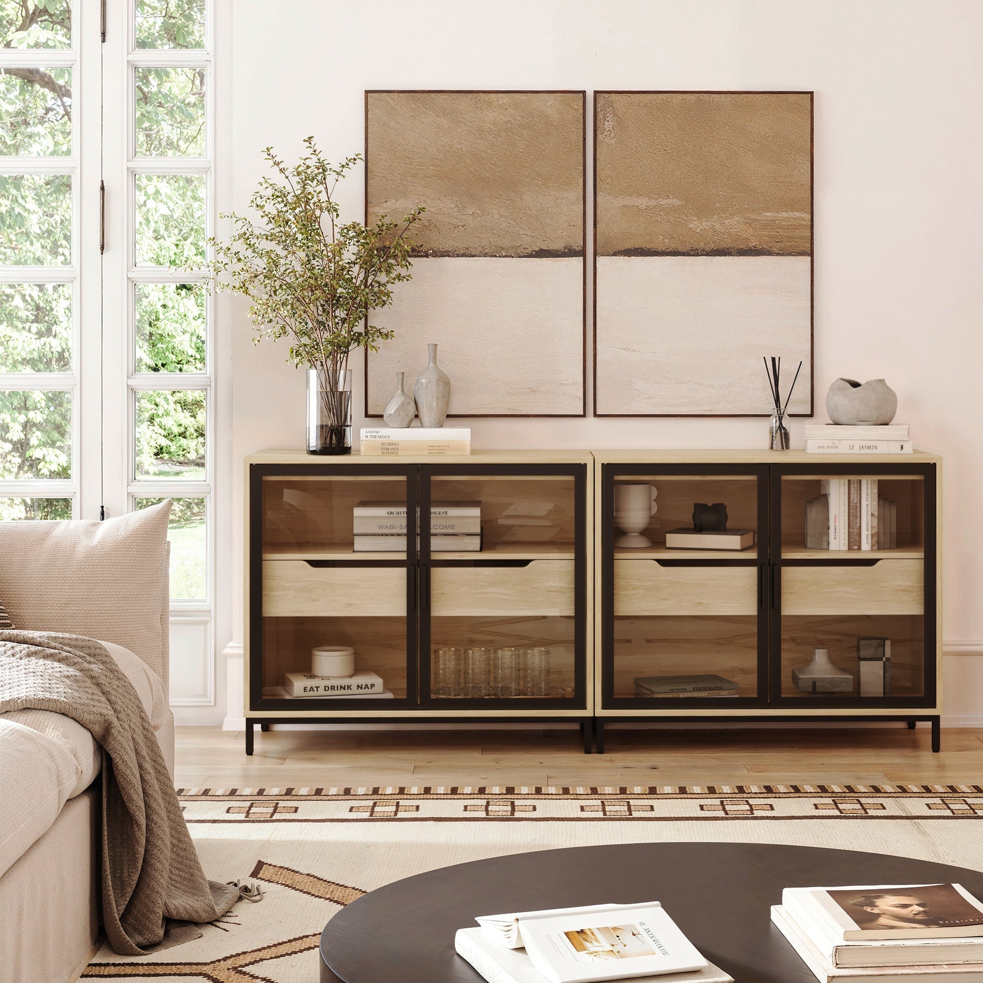 Glass TV Stand Console Cabinet with Doors for TVs up to 65"