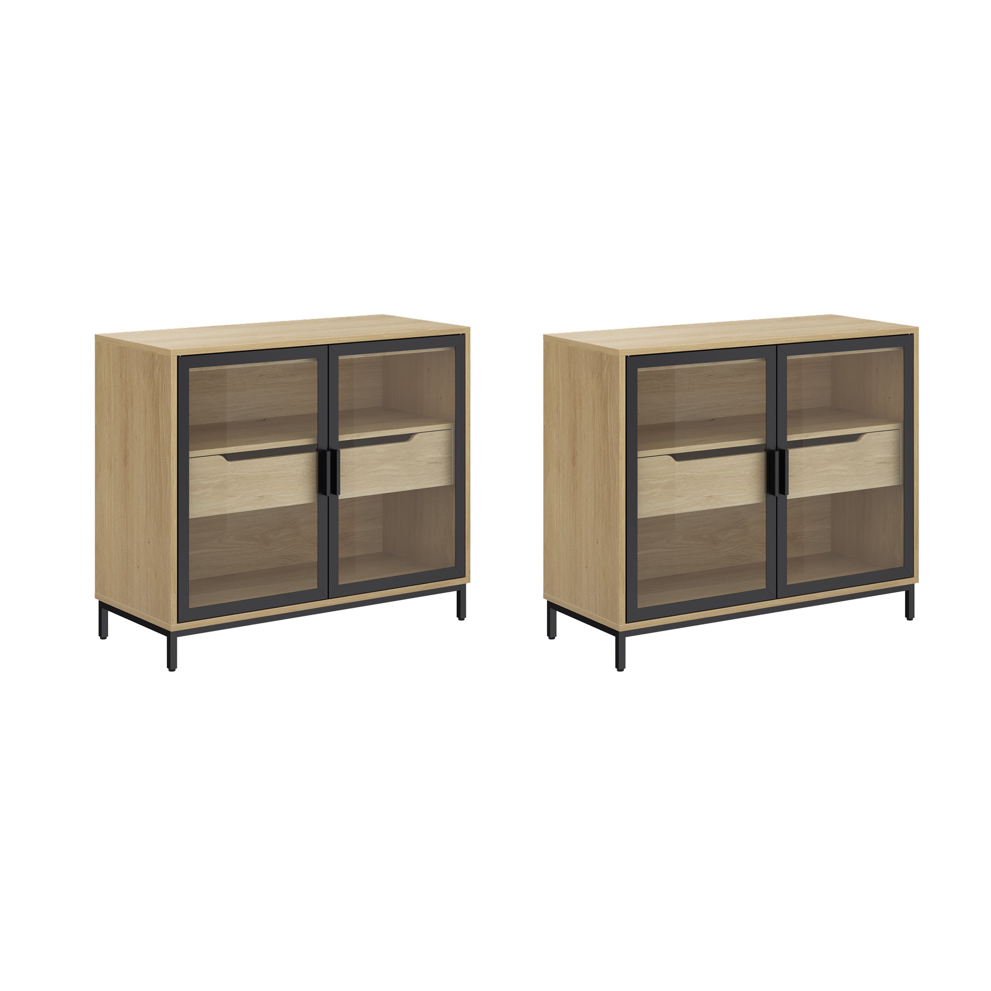 Kitchen Curio Glass Cabinet Credenza with Drawer Light Oak (Set of 2)