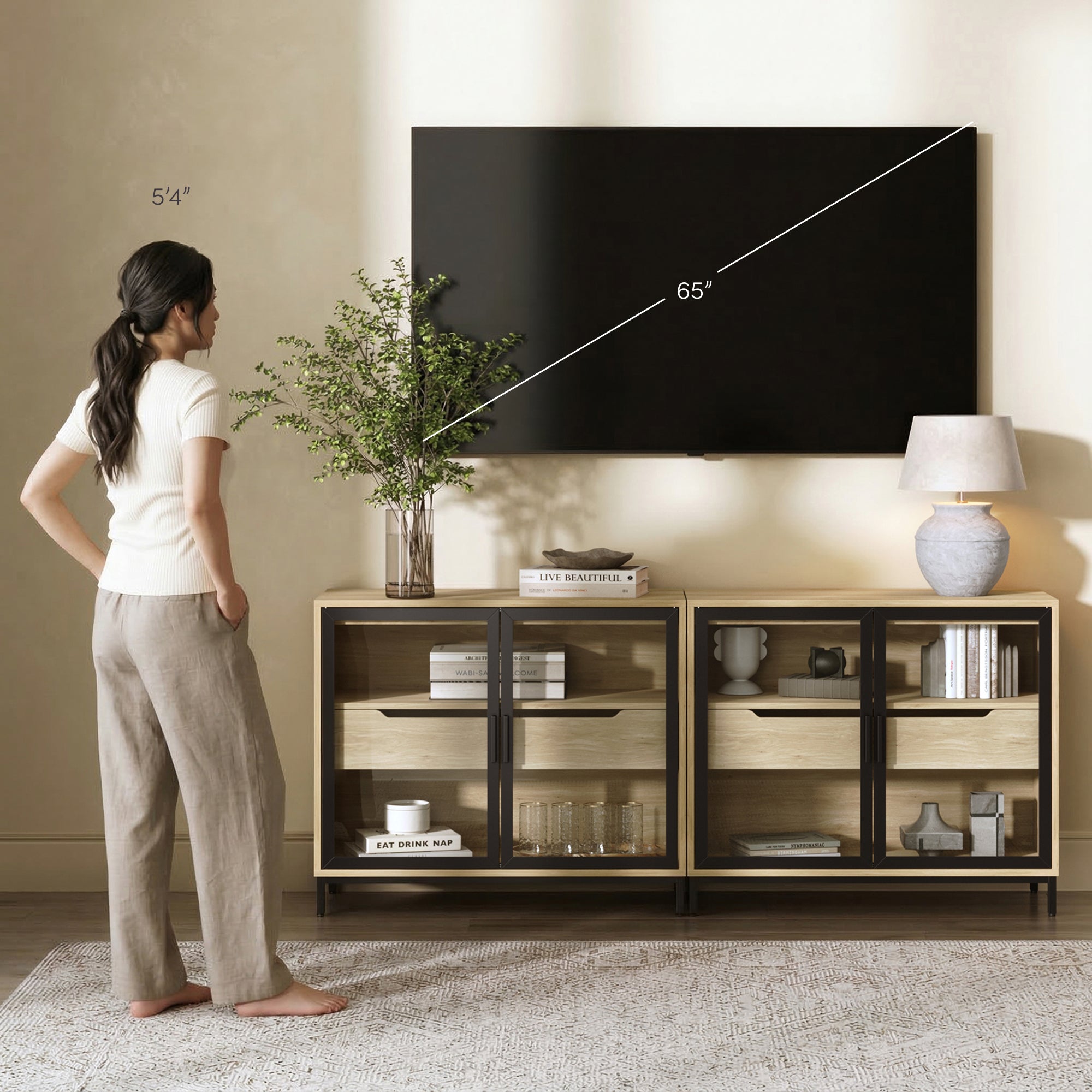 Kitchen Curio Glass Cabinet Credenza with Drawer Light Oak (Set of 2)