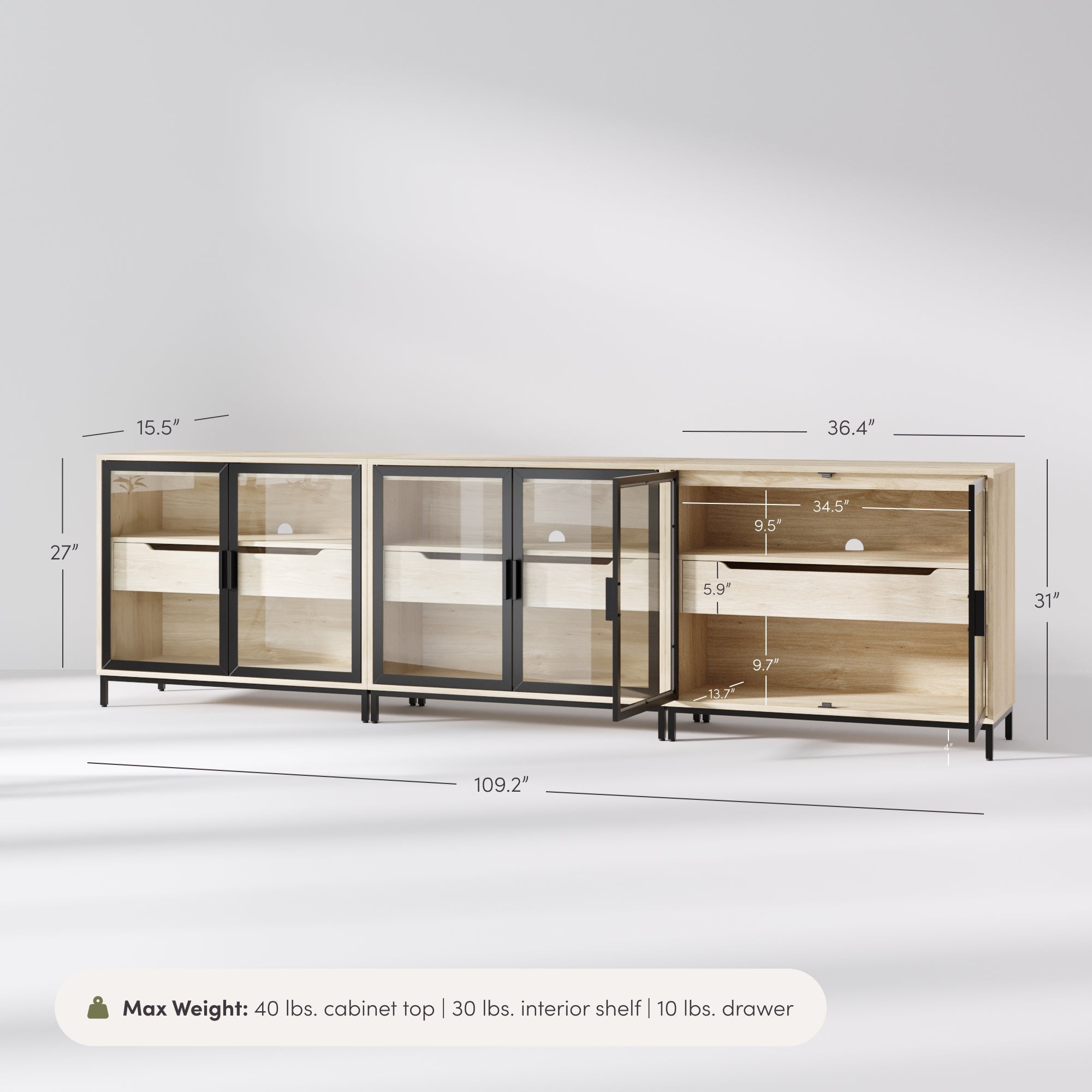 Kitchen Curio Glass Cabinet Credenza with Drawer Light Oak (Set of 3)