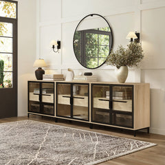 Kitchen Curio Glass Cabinet Credenza with Drawer Light Oak (Set of 3)