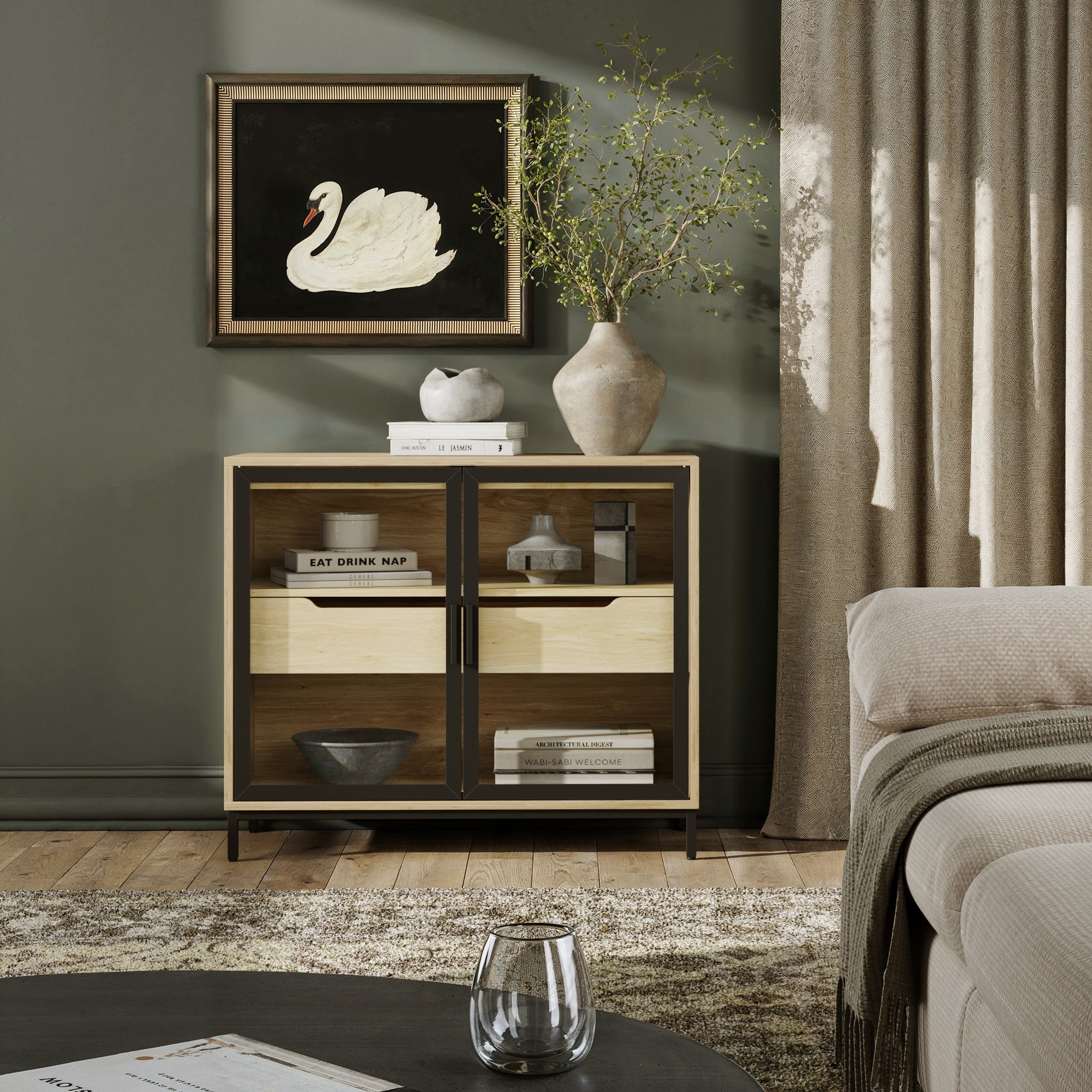 Glass TV Stand Console Cabinet with Doors for TVs up to 100"
