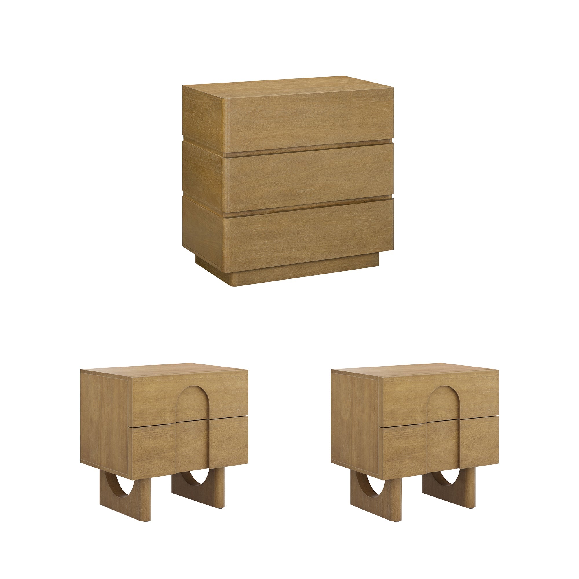Modern Curved Wood Dresser and Nightstand Set (3-Piece)