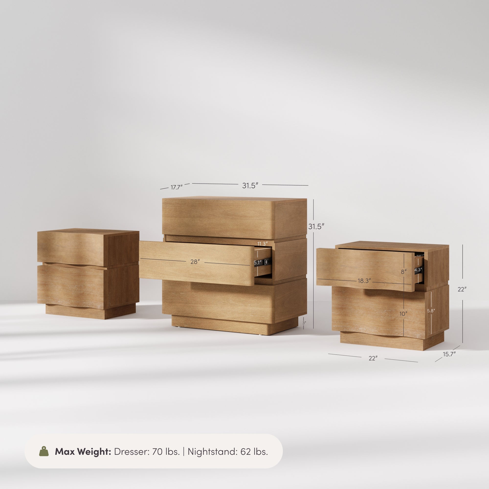Modern Wooden Dresser and Scalloped Nightstand Set (3-Piece)