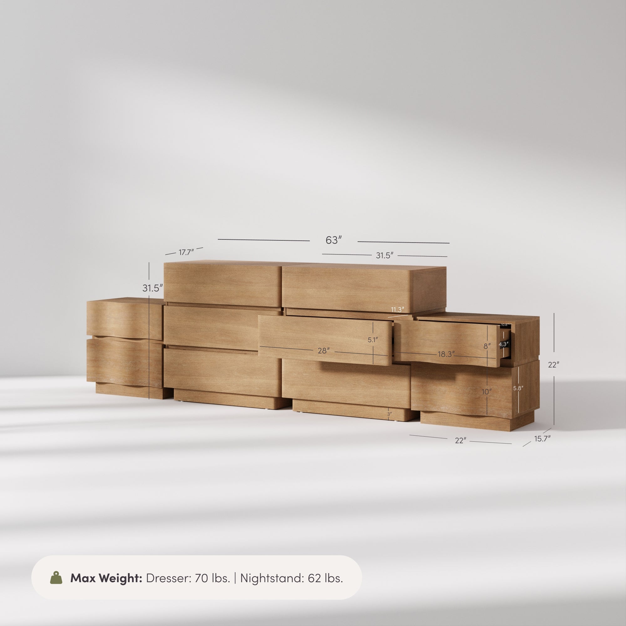 Modern Wooden Dresser and Scalloped Nightstand Set (4-Piece)