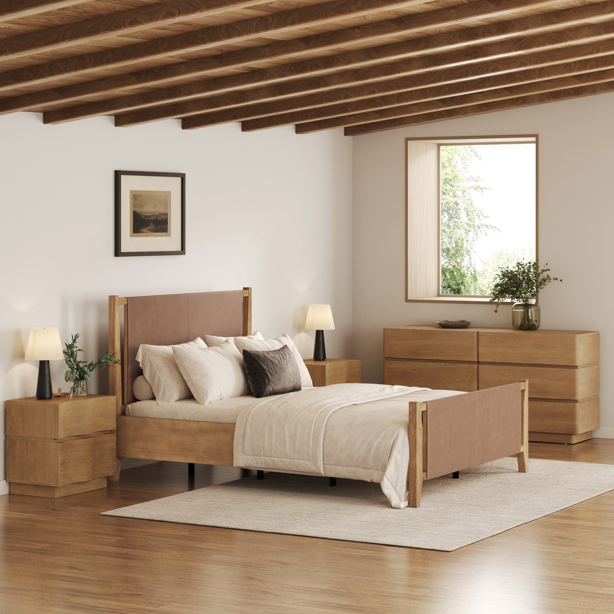 Modern Wooden Dresser and Scalloped Nightstand Set (4-Piece)