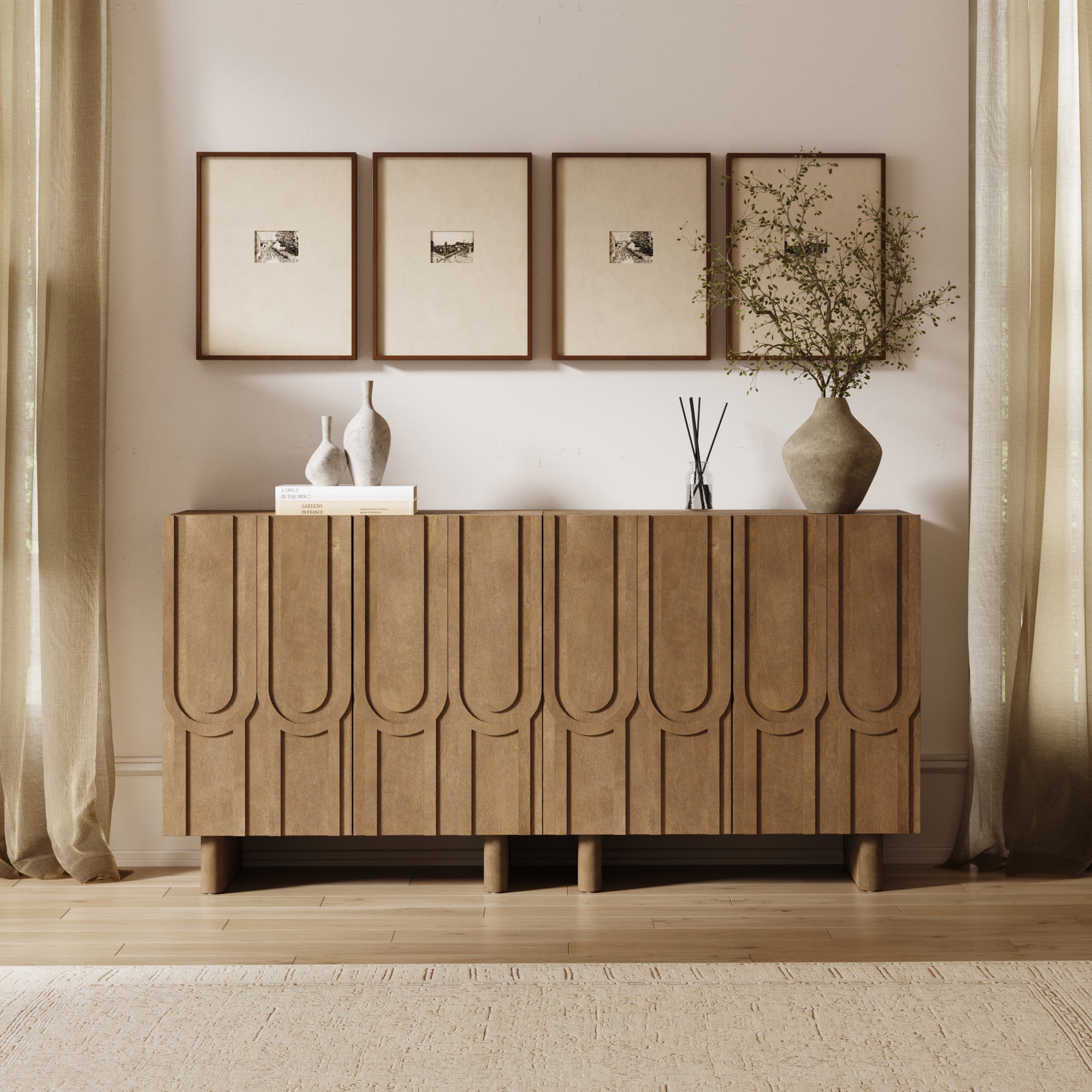 Mid-Century Modern Wood Carved Credenza Light Brown (Set of 2)