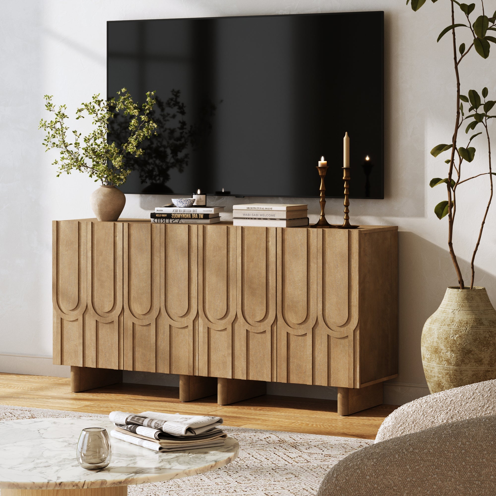 Mid-Century Modern Wood Carved Credenza Light Brown (Set of 2)