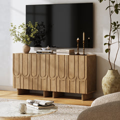 Mid-Century Modern Wood Carved Credenza Light Brown (Set of 2)