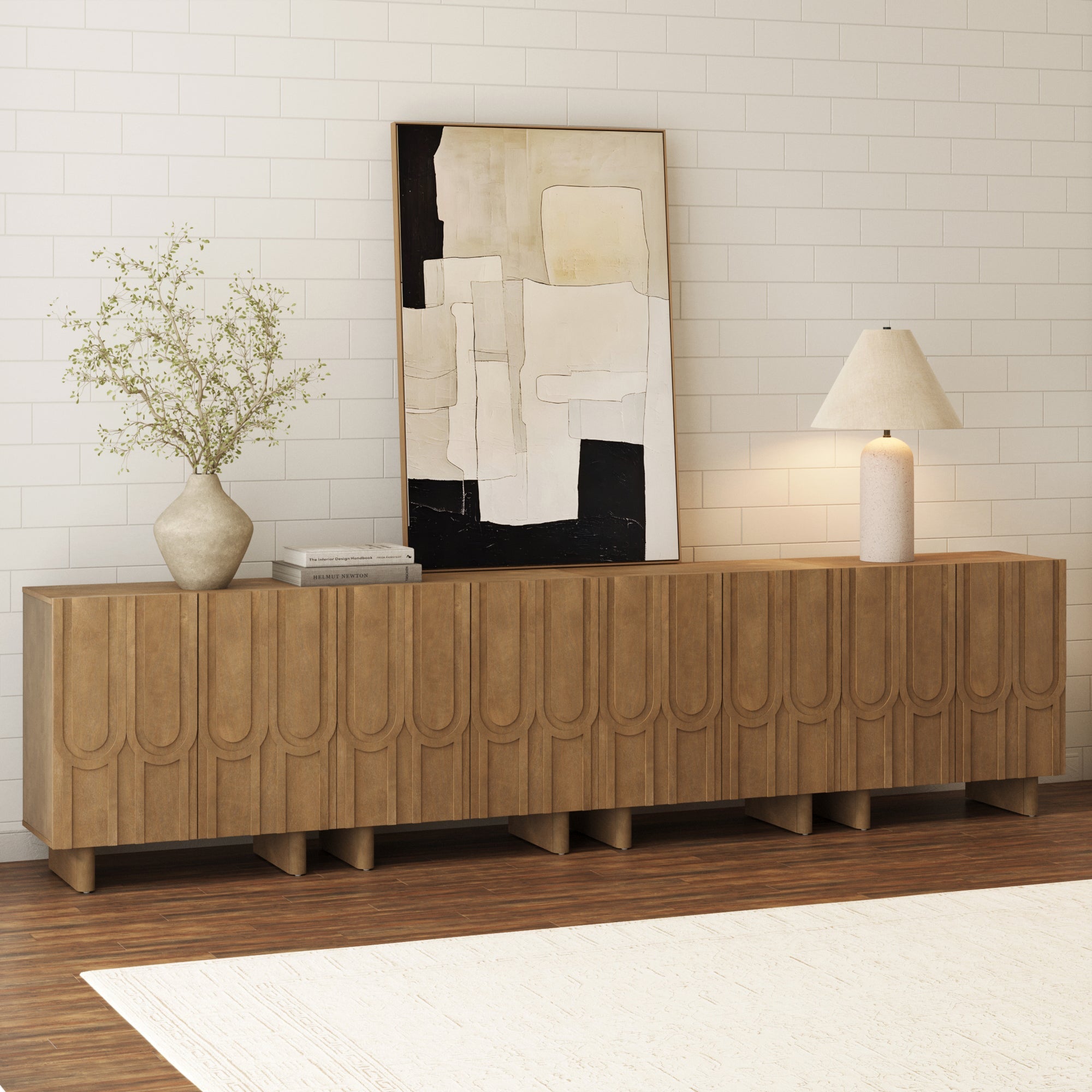 Mid-Century Modern Wood Carved Credenza Light Brown (Set of 4)