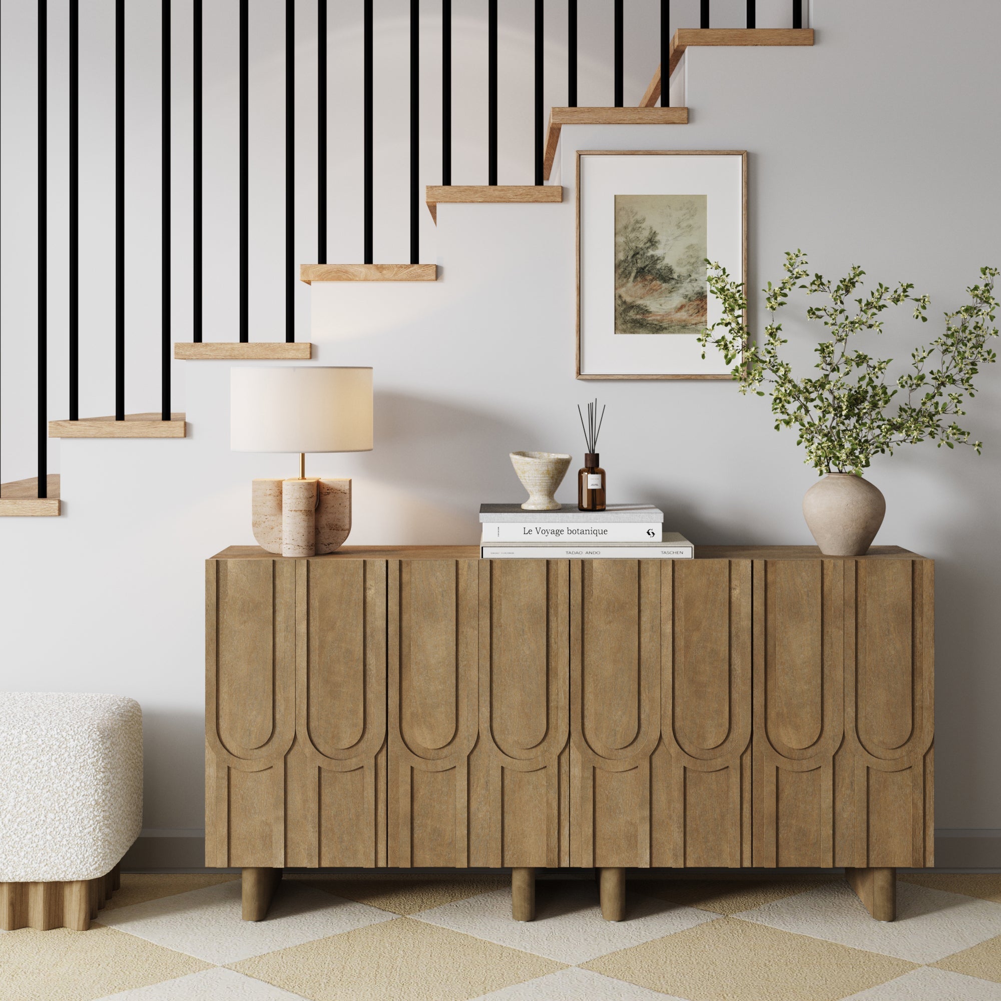 Mid Century Style Credenza with Geometric Carved Doors Light Brown