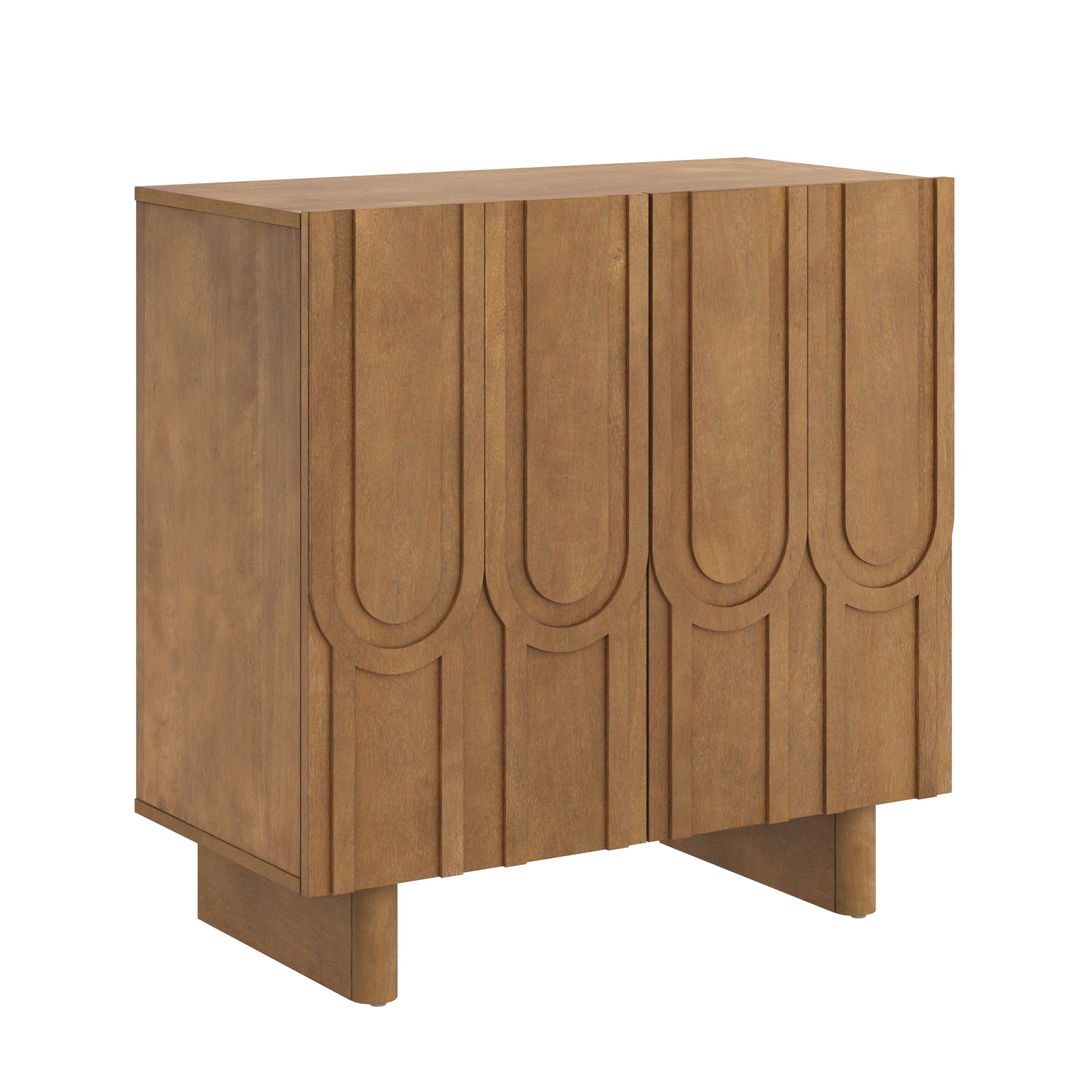 Mid Century Style Credenza with Geometric Carved Doors Light Brown