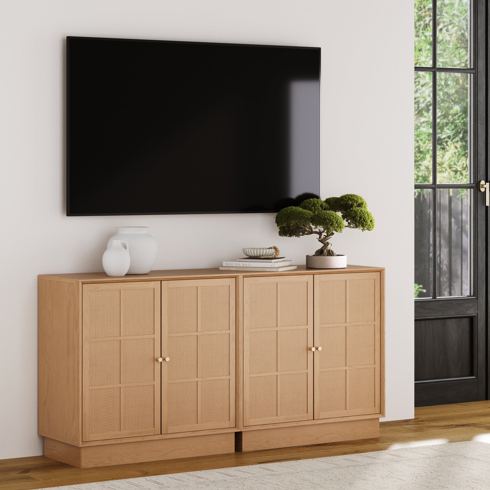Modern Coastal Rattan Wood Sideboard Storage Cabinet Raw Oak (Set of 2)