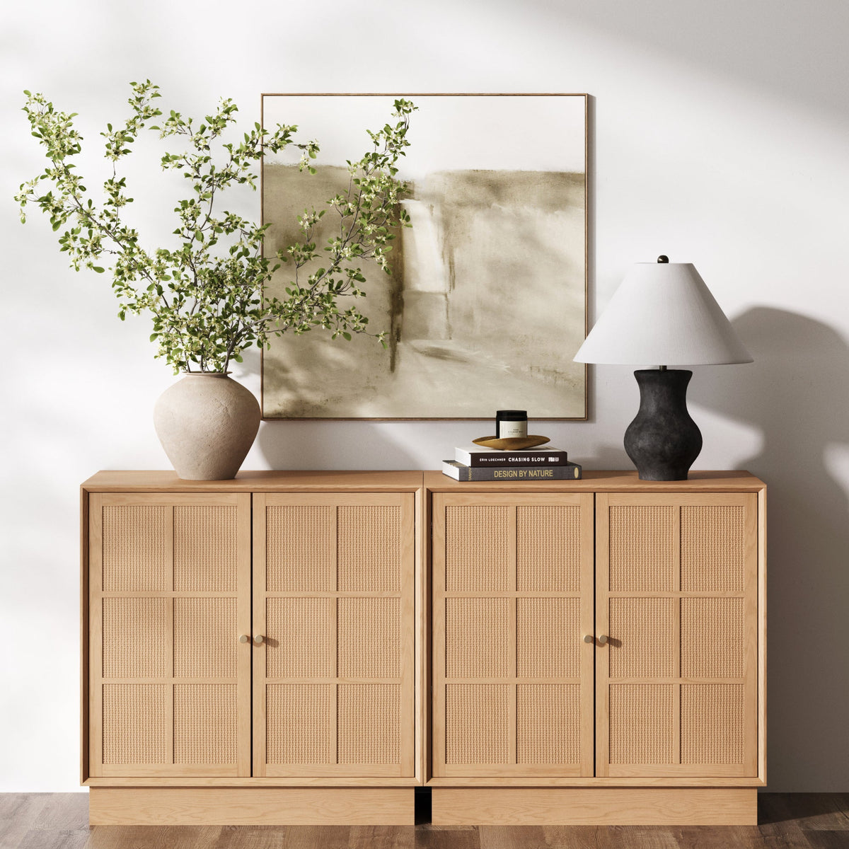 Modern Coastal Rattan Wood Sideboard Storage Cabinet Raw Oak (Set of 2)