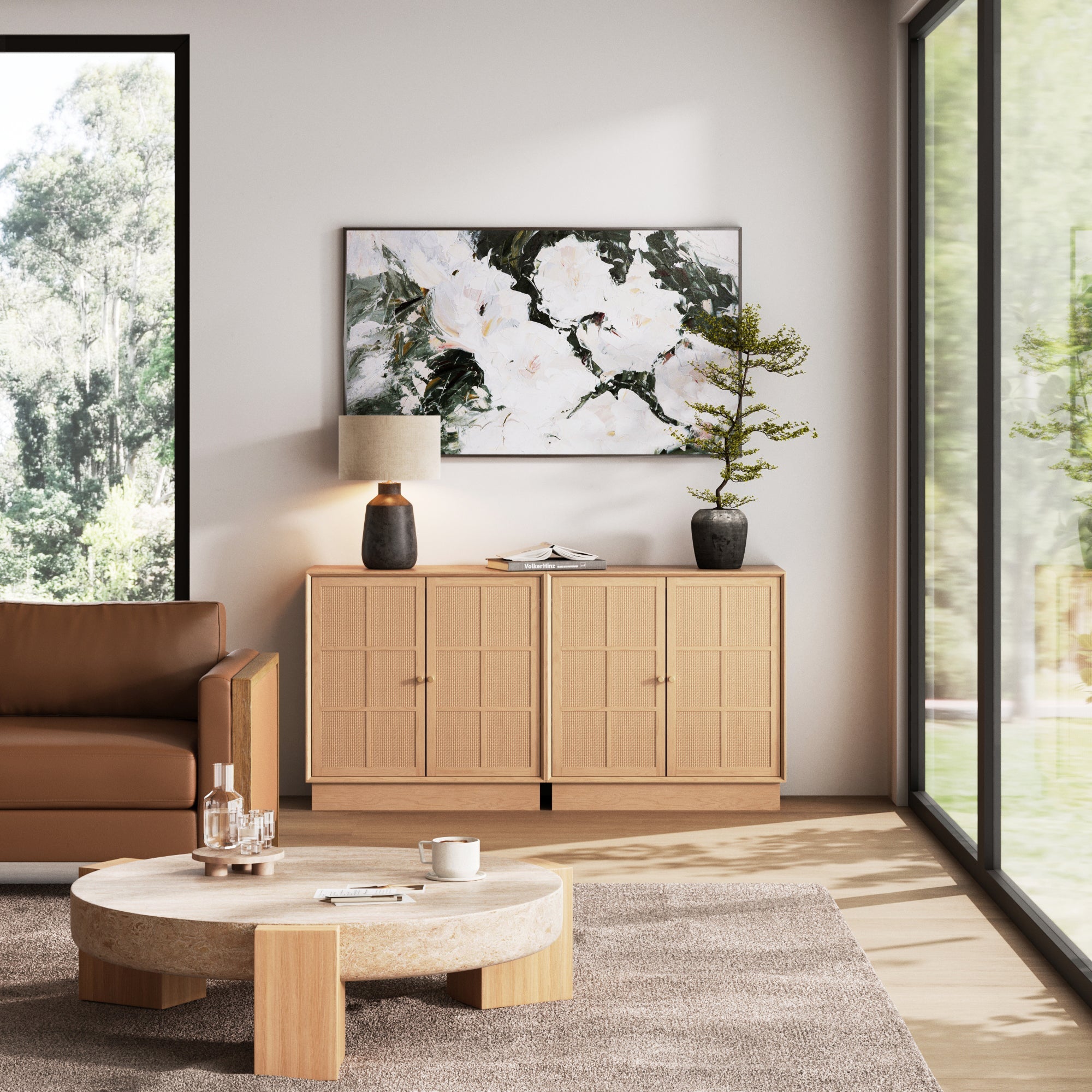 Boho Wood TV Console for TVs up to 65" with Rattan Doors Raw Oak