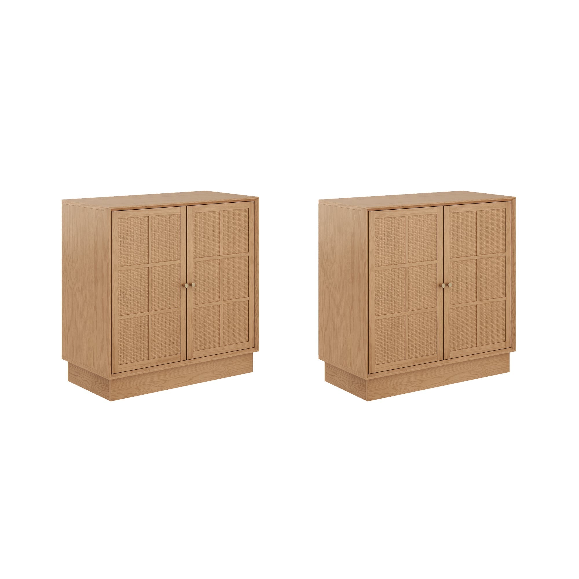 Modern Coastal Rattan Wood Sideboard Storage Cabinet Raw Oak (Set of 2)