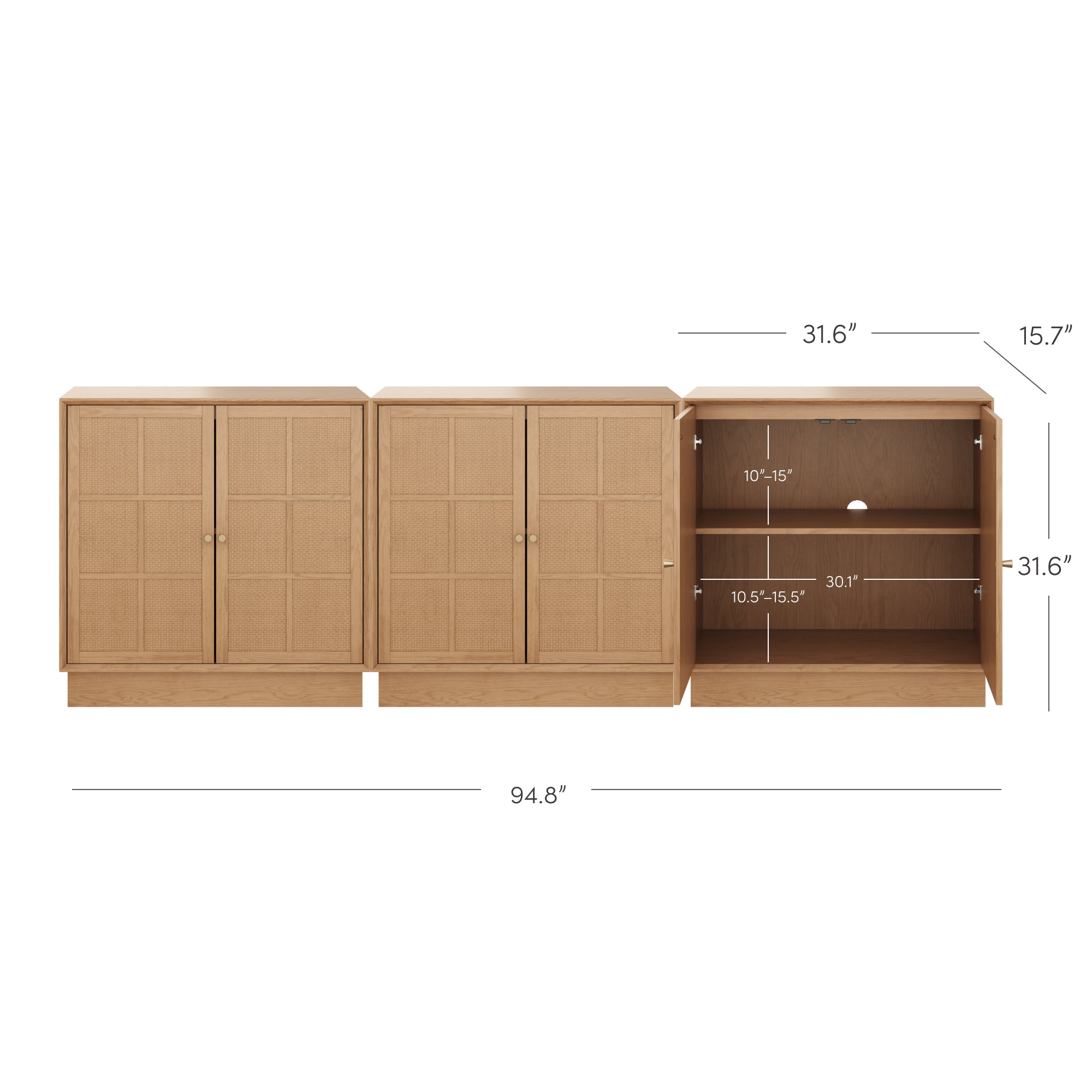 Boho Wood TV Console for TVs up to 75" with Rattan Doors Raw Oak