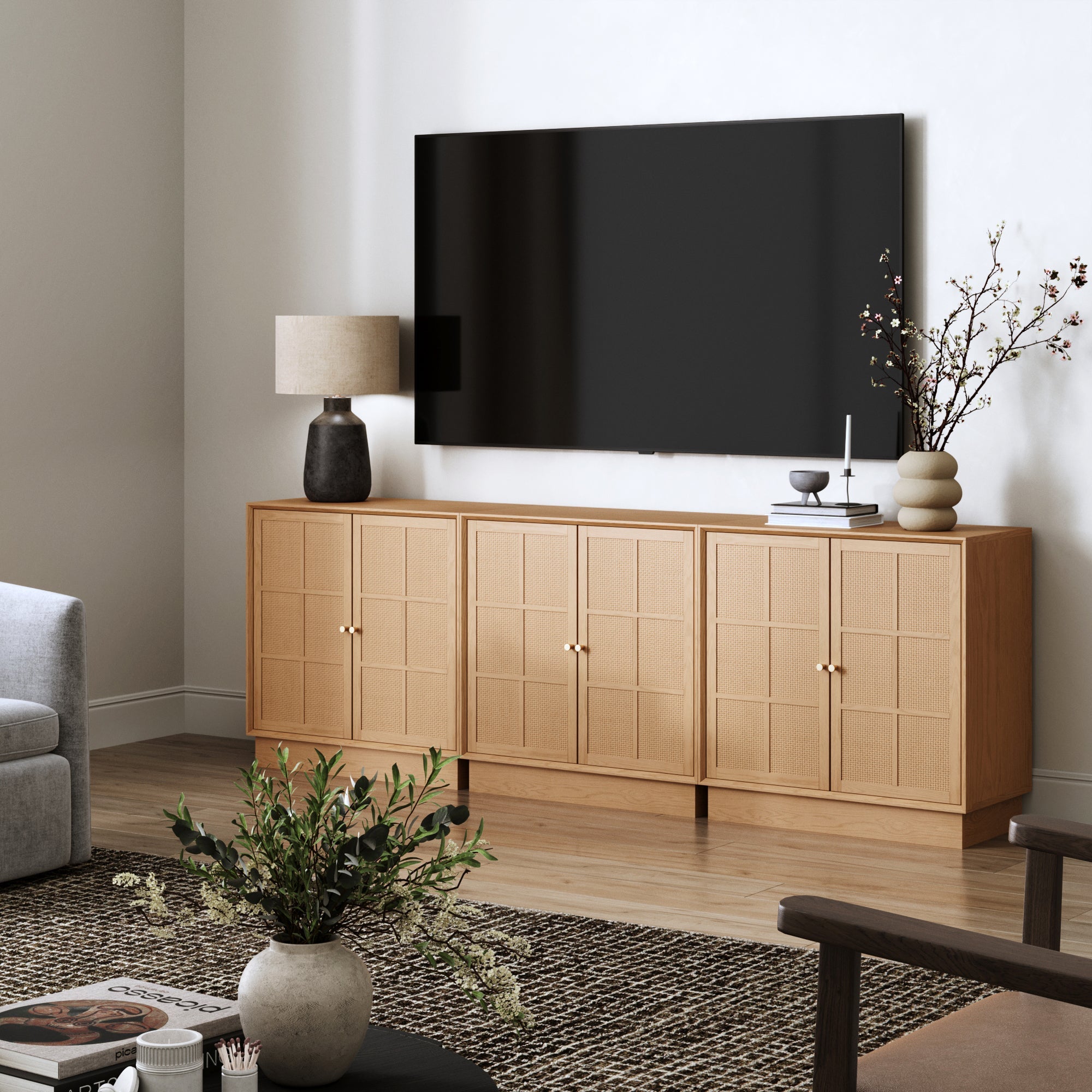 Modern Coastal Rattan Wood Sideboard Storage Cabinet Raw Oak (Set of 3)