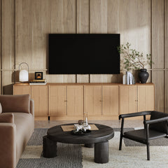 Boho Wood TV Console for TVs up to 100" with Rattan Doors Raw Oak