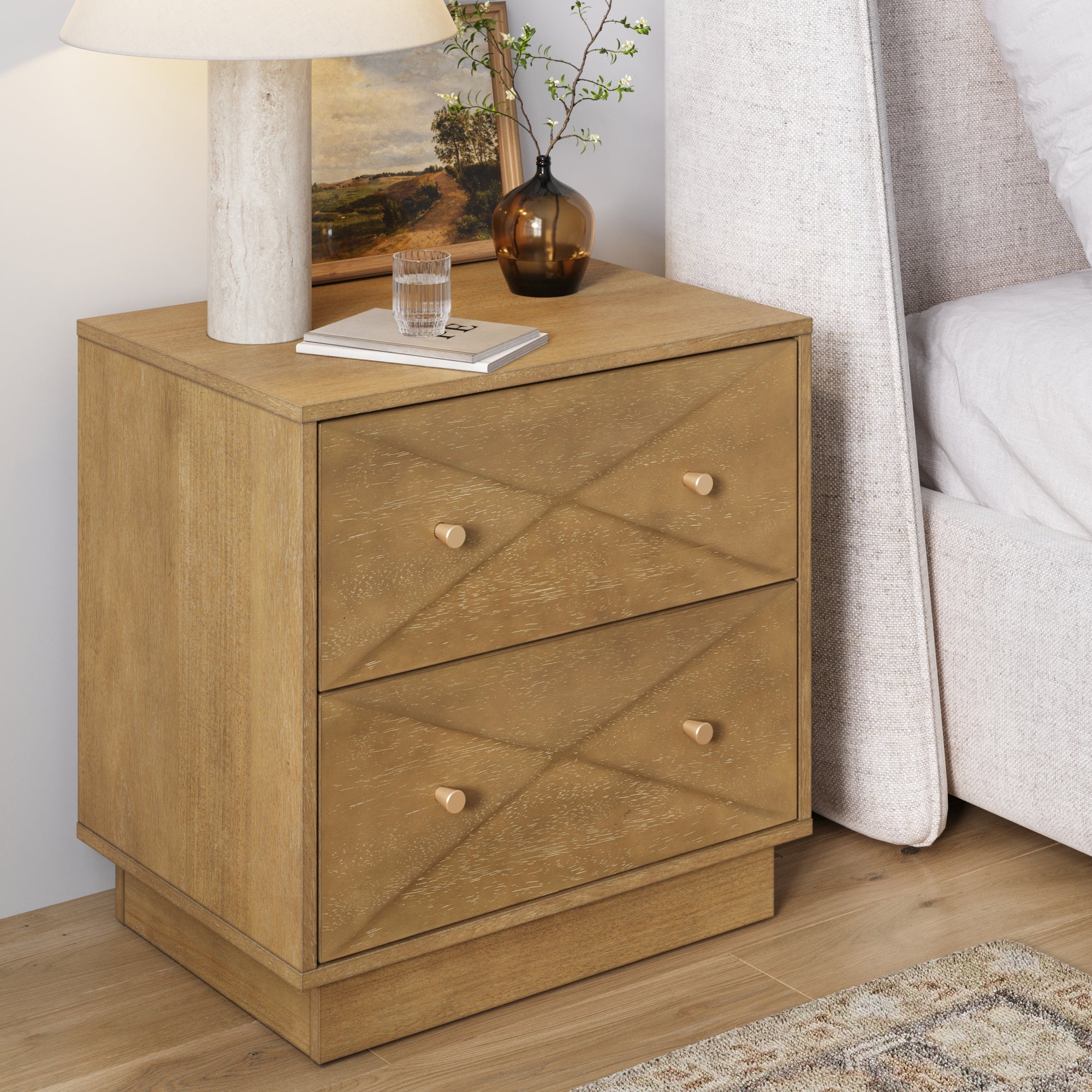 Geometric Wood Modern Nightstand with 2 Drawers Light Brown