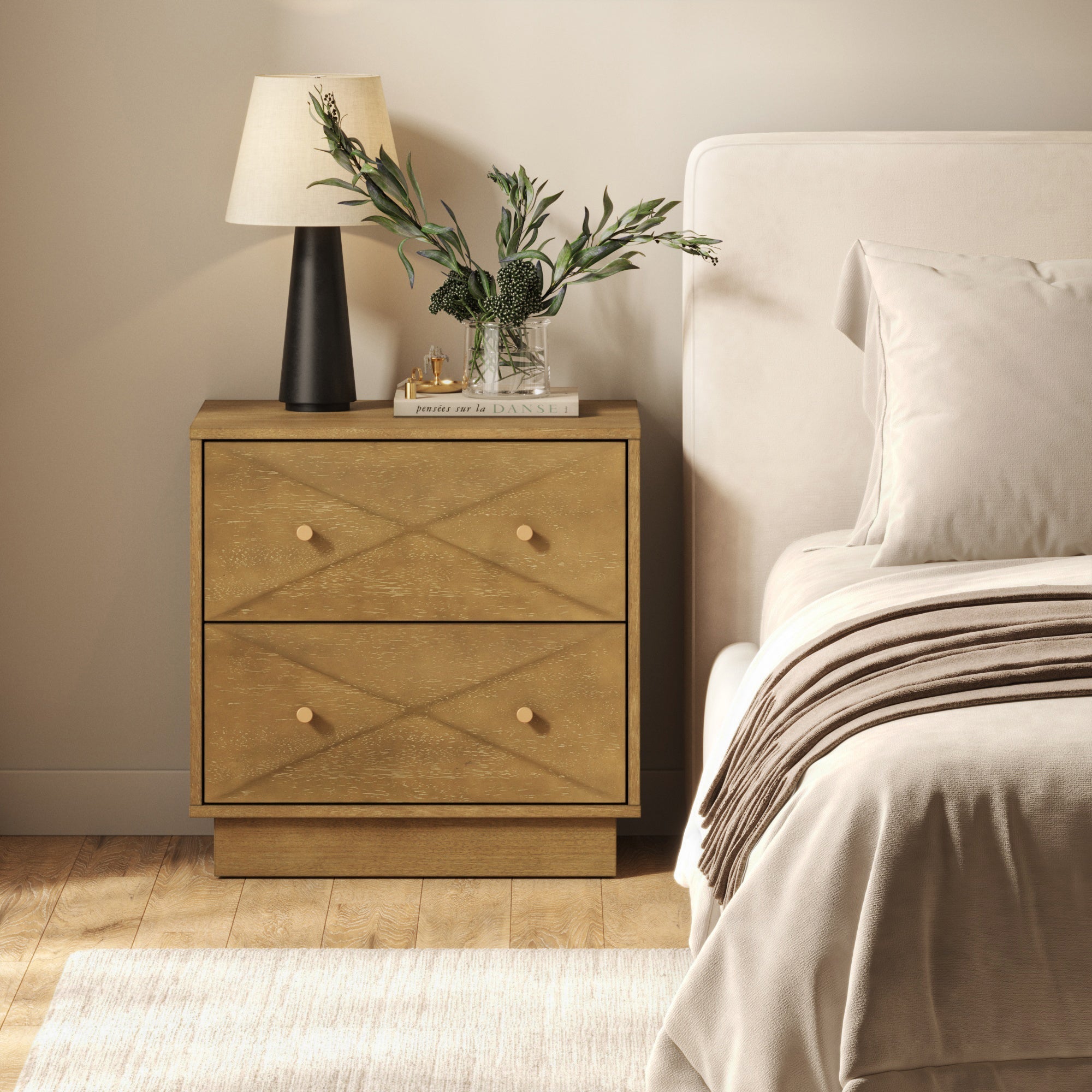 Geometric Wood Modern Nightstand with 2 Drawers Light Brown